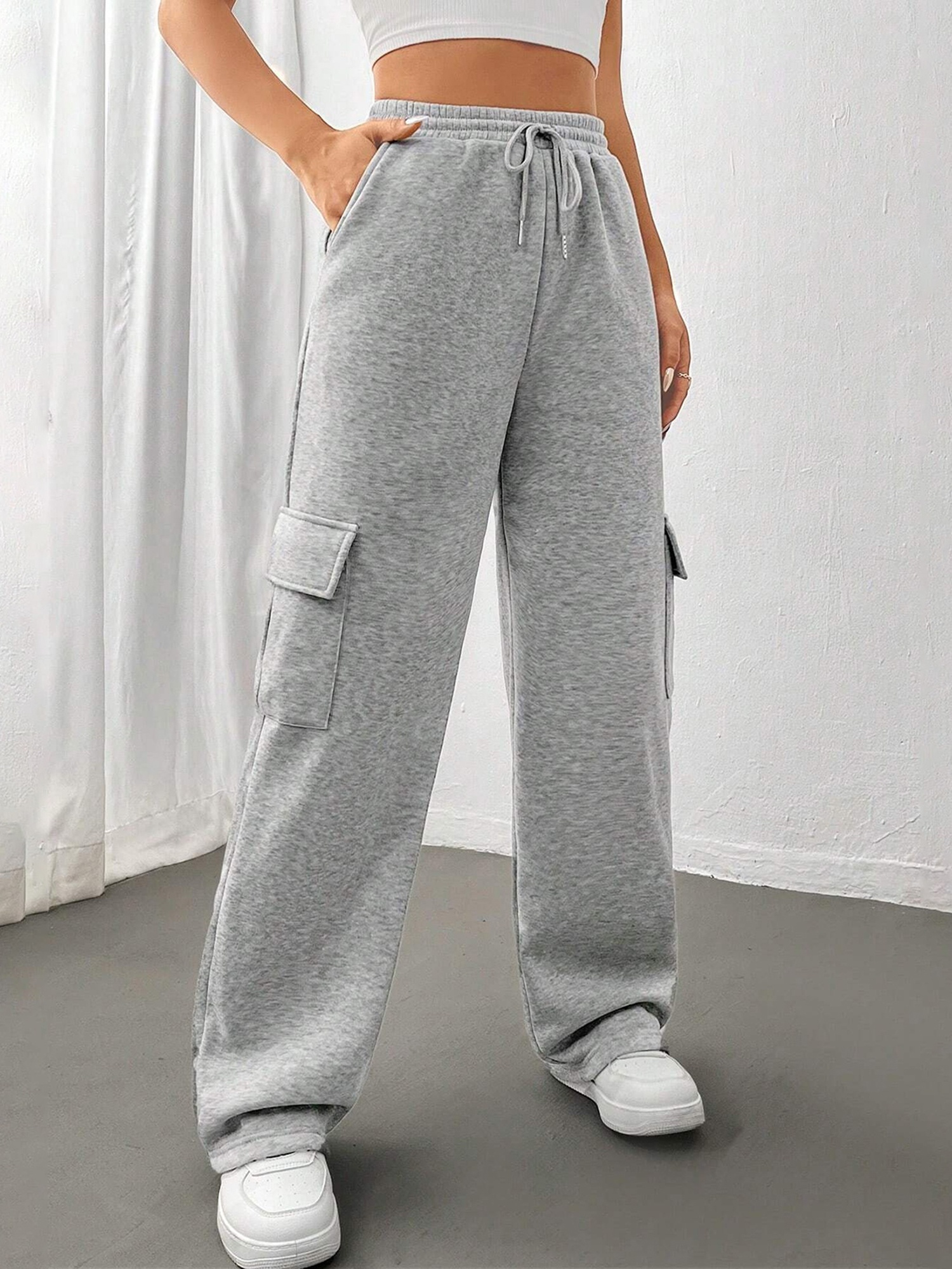 Women Cinch Bottom Cargo Sweatpants Casual Baggy High Waisted Wide Leg  Joggers Pants Trousers with Pockets