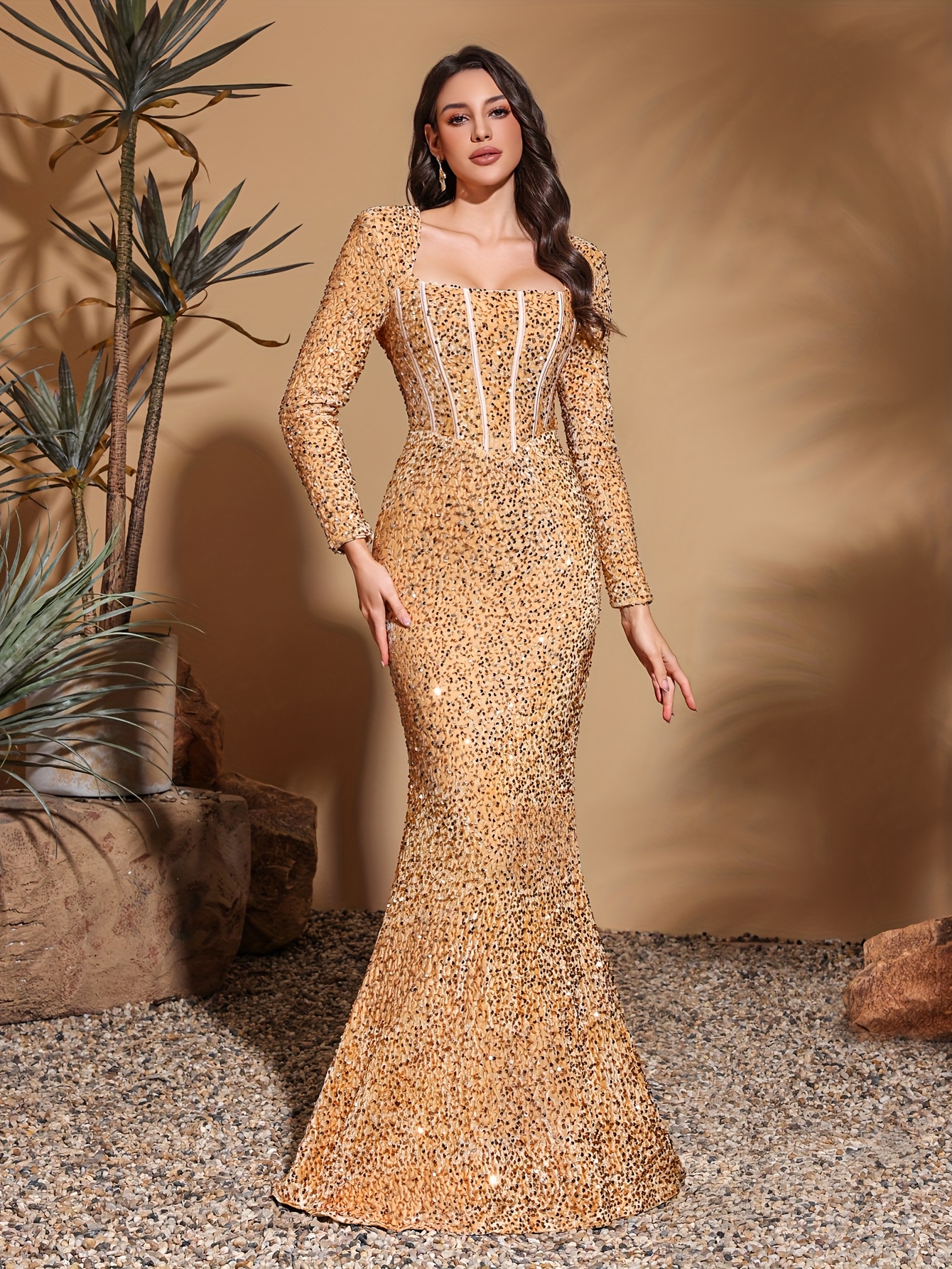 winter formal dresses gold LaDivine CH054 Long Sleeve Formal Sequin Fitted Evening Dress main image 1