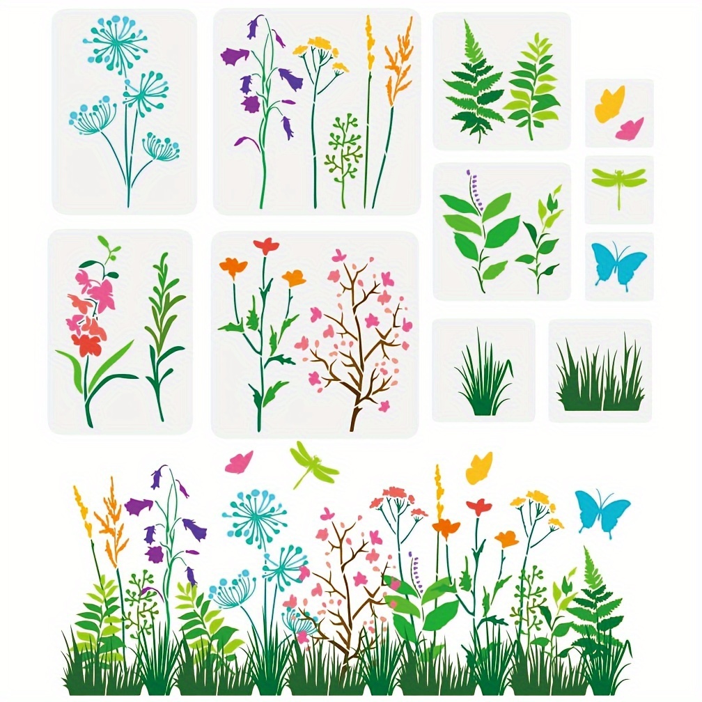 Image of 11pcs Of Stencils, Including 2pcs Of 11.8×11.8 Inches, 2pcs Of 8.3×11.7 Inches, 2pcs Of 7.8×7.8 Inches, 2pcs Of 5.9×5.9 Inches, And 3pcs Of 3.9×3.9 Inches. Dandelion, , Chrysanthemum, Plum , Dragonfly