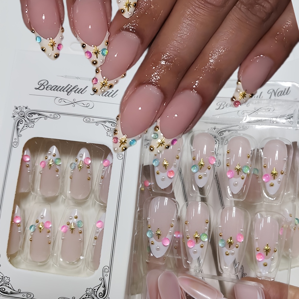 TEMU Ensemble de 24 faux ongles roses à coller, ornés d' dorées et de détails en , conçus comme des ongles français élégants à .