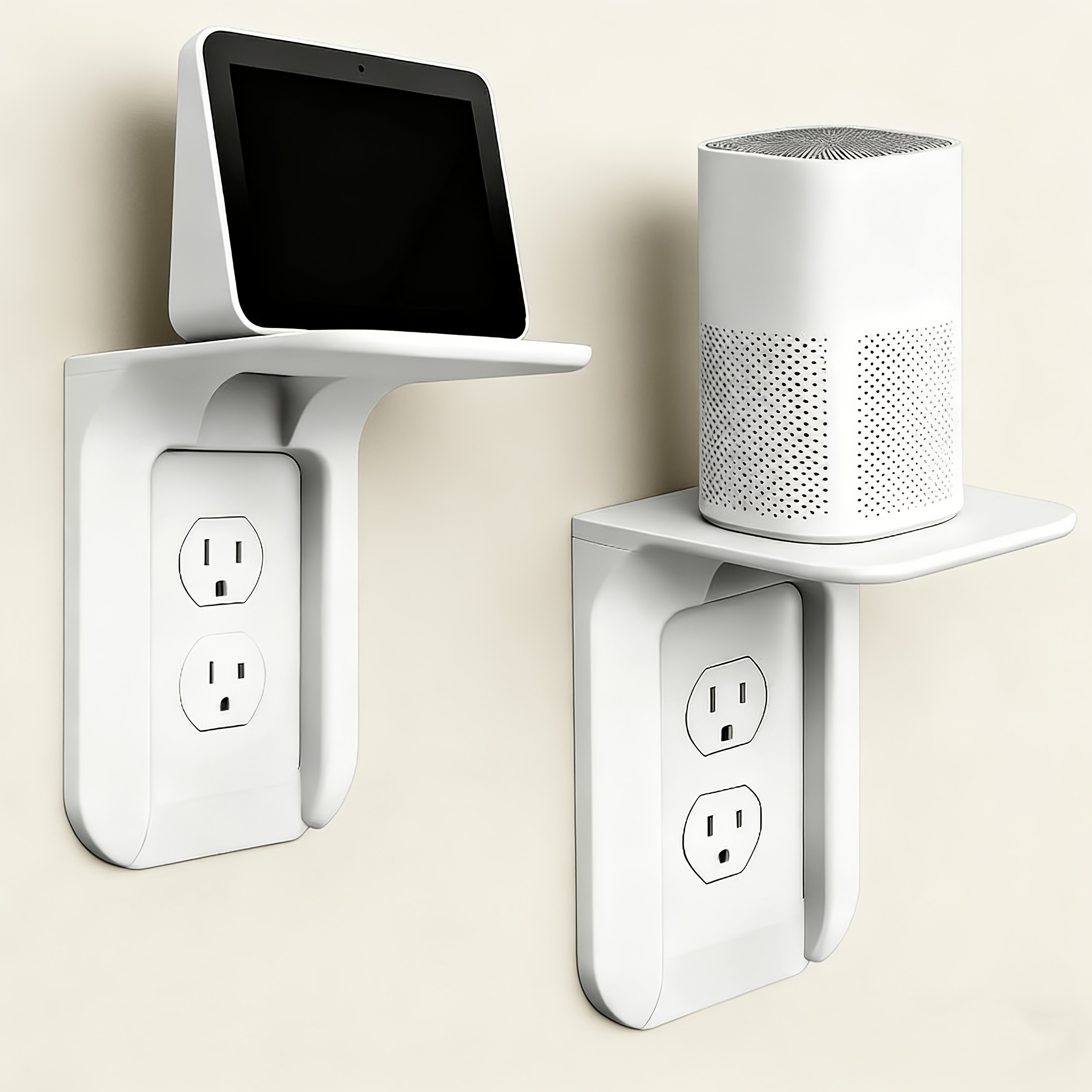 no drill white wall mounted storage shelf   space saving organizer rack with phone charging station compatible with standard outlets multipurpose for bathroom kitchen bedroom holds electric toothbrush speaker power tools smart home