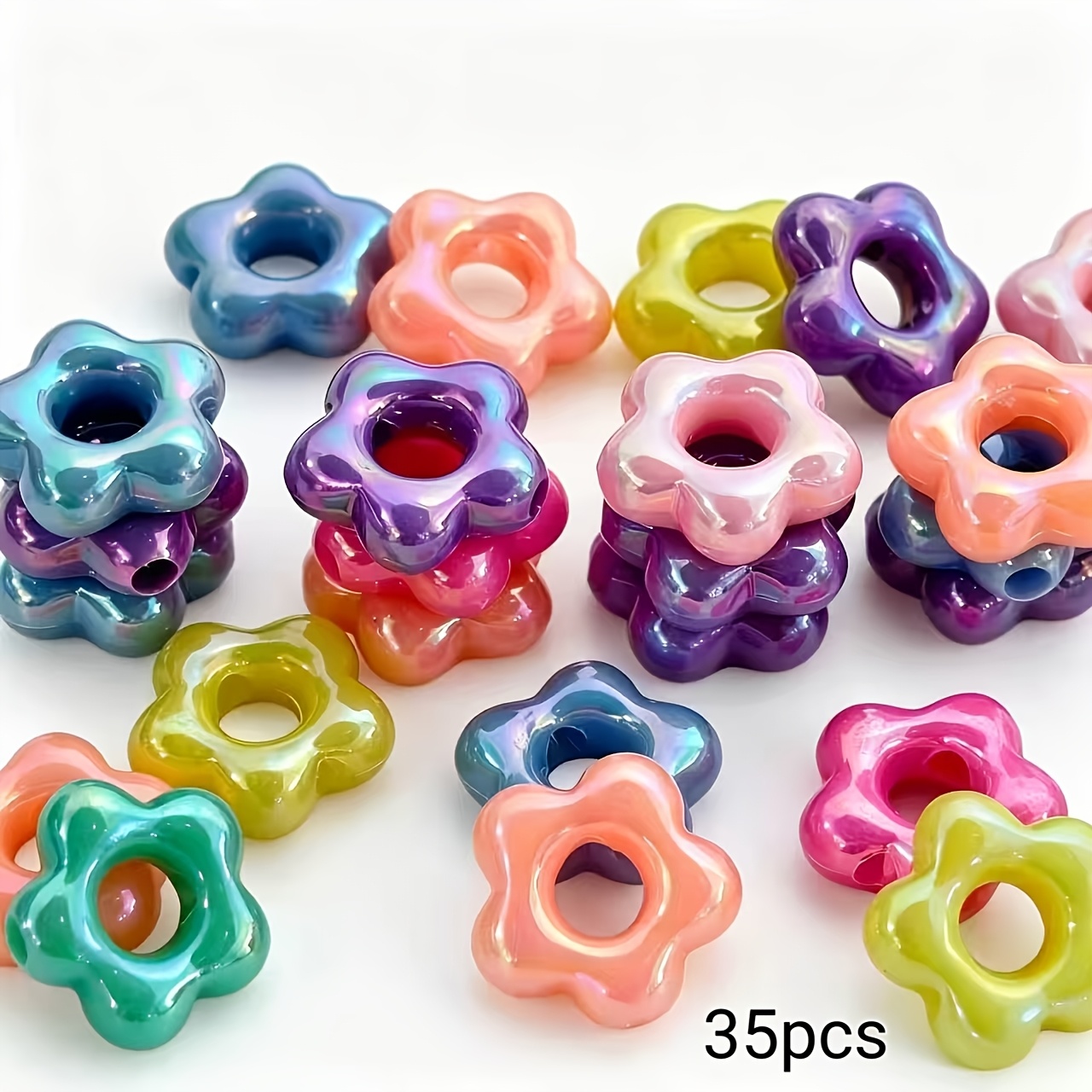 TEMU 35 piezas de cuentas de flores coloridas de 18 mm con recubrimiento acrílico y agujero grande, flores iridiscentes de para manualidades DIY,