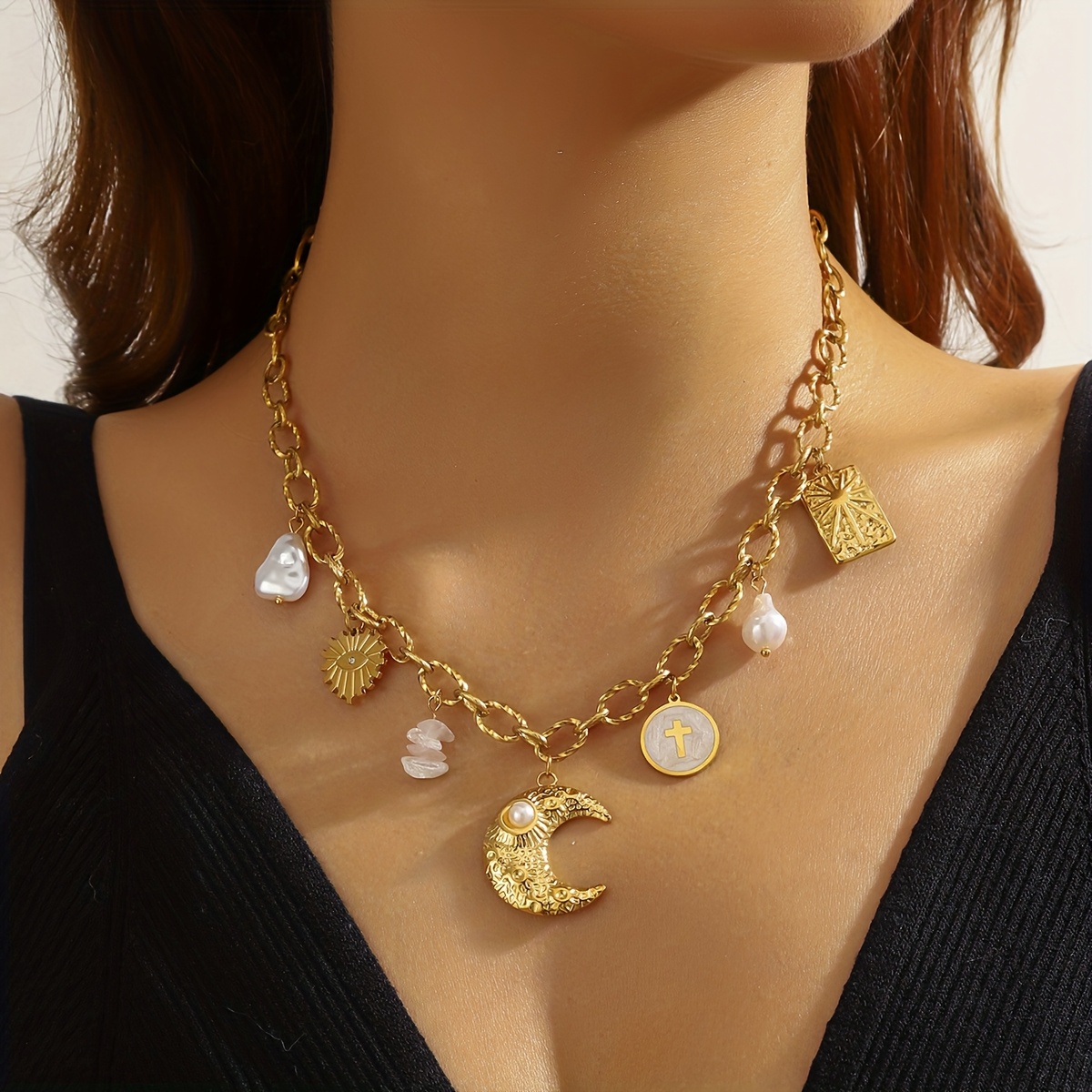 Crescent Imitation Pearl Circle Cross Pendant Necklace