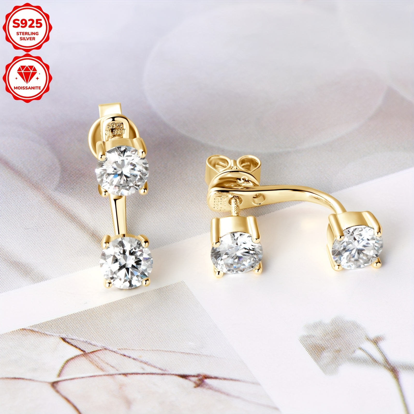 1 pair 925 sterling silver moissanite drop earrings 14k golden plated   convertible studs 4pcs 5mm round synthetic moissanite 2 0ct total with gra certificate for women   jewelry valentines day gift   wear details 13