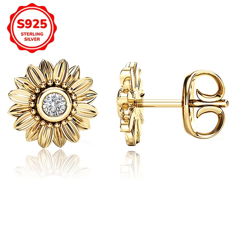 925 Silver Sunflower Earrings, Lightweight Zirconia Studded for Parties