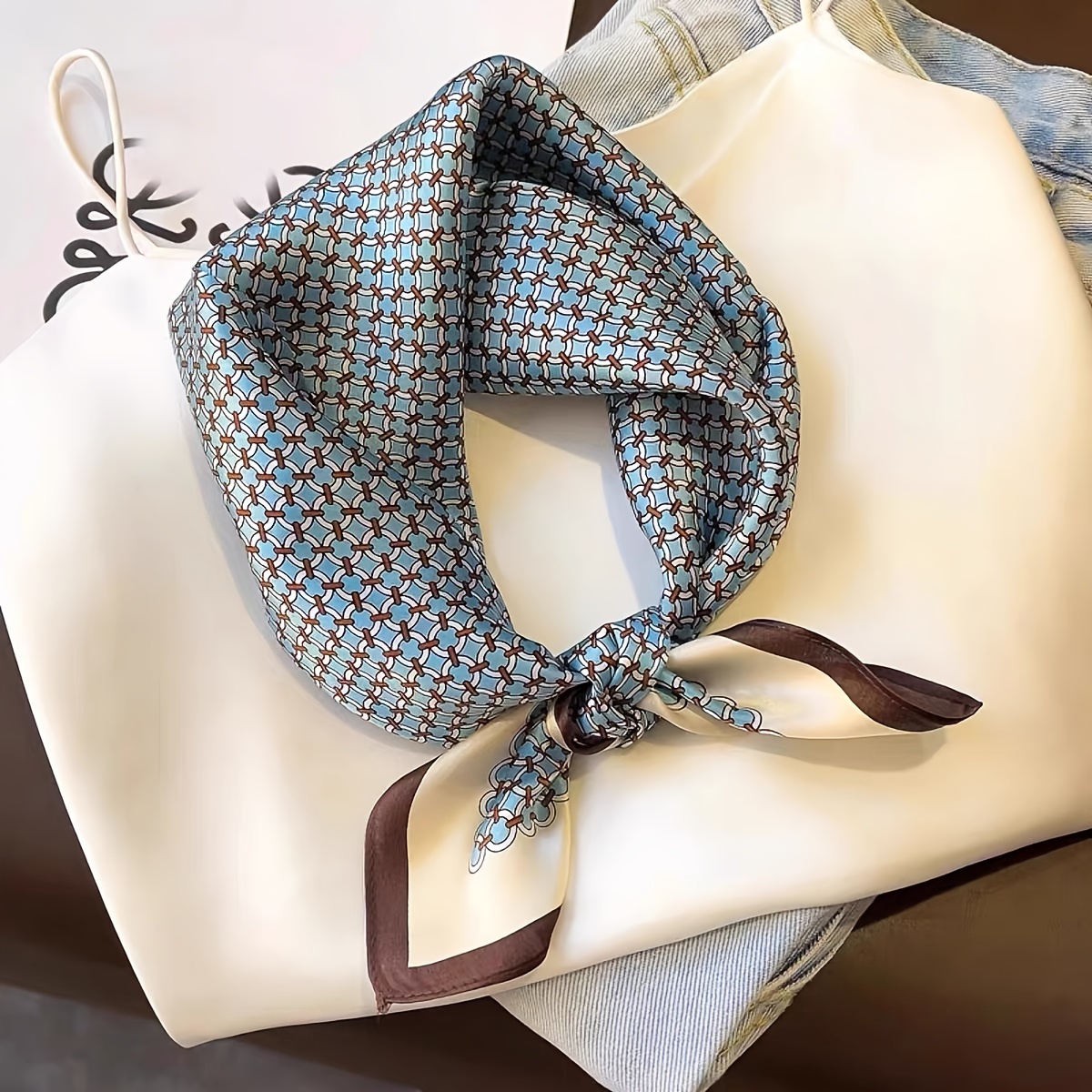 

26.77in Elegant Blue & Brown Ring Pattern Square Scarf, Thin Breathable Sun Protection Neck Scarf For Women, Spring/summer Style