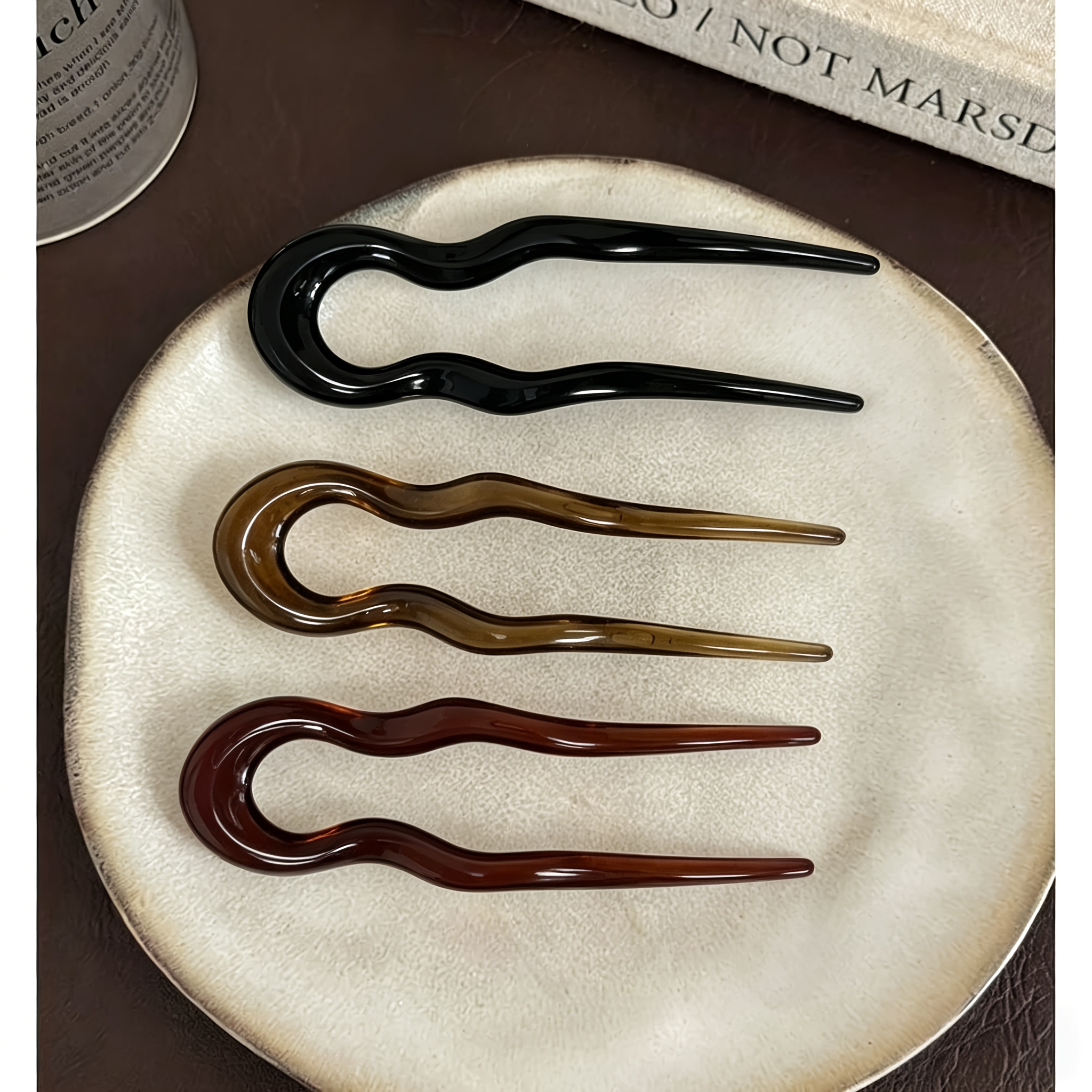 TEMU 3 pinzas para el cabello con ondas francesas de U - acrílico, pinzas antideslizantes para moños para cabello y fino, adornos elegantes para el