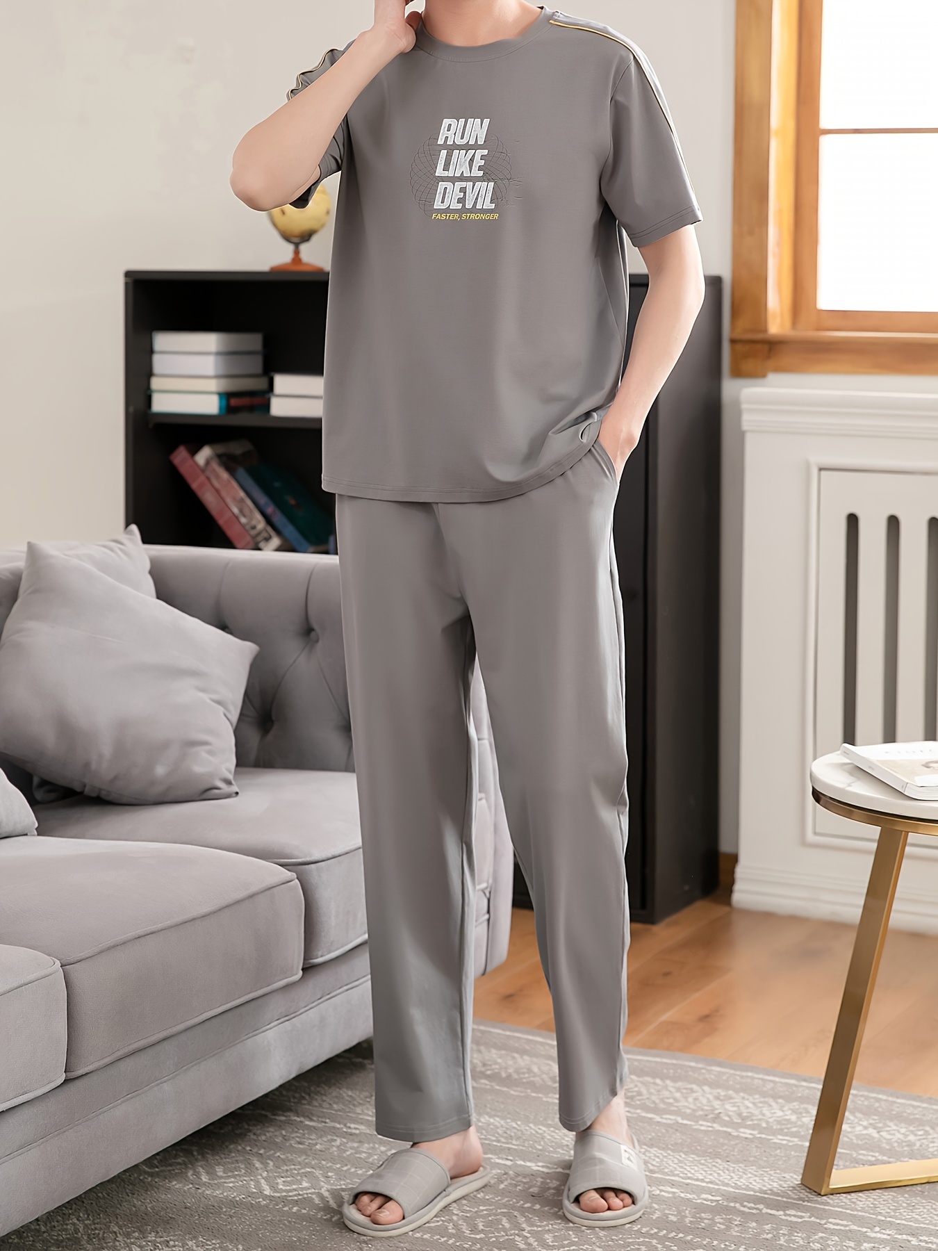 Men'S Casual Summer Cotton Pajama Set - Light Gray, Short Sleeve, Crew Neck, Pocketed, Stretchy Fabric, Regular Fit, No Belt, Home & Outdoor Wear, Relaxed Fit Pajamas | Casual Style | Cotton Fabric