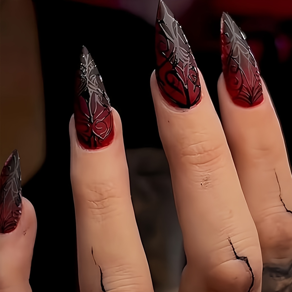 TEMU 24pcs Of Premium Shaped Long Press On Nail Plates, Featuring European And American Cross Dark Red Polmisia And Other Pattern Designs For Fake