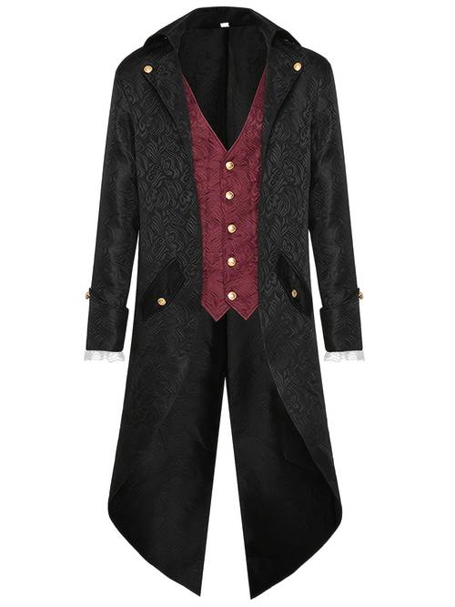 new european and american dark patterned court style costume top for men featuring a medieval vintage design length punk retro tailcoat for male role playing without pockets