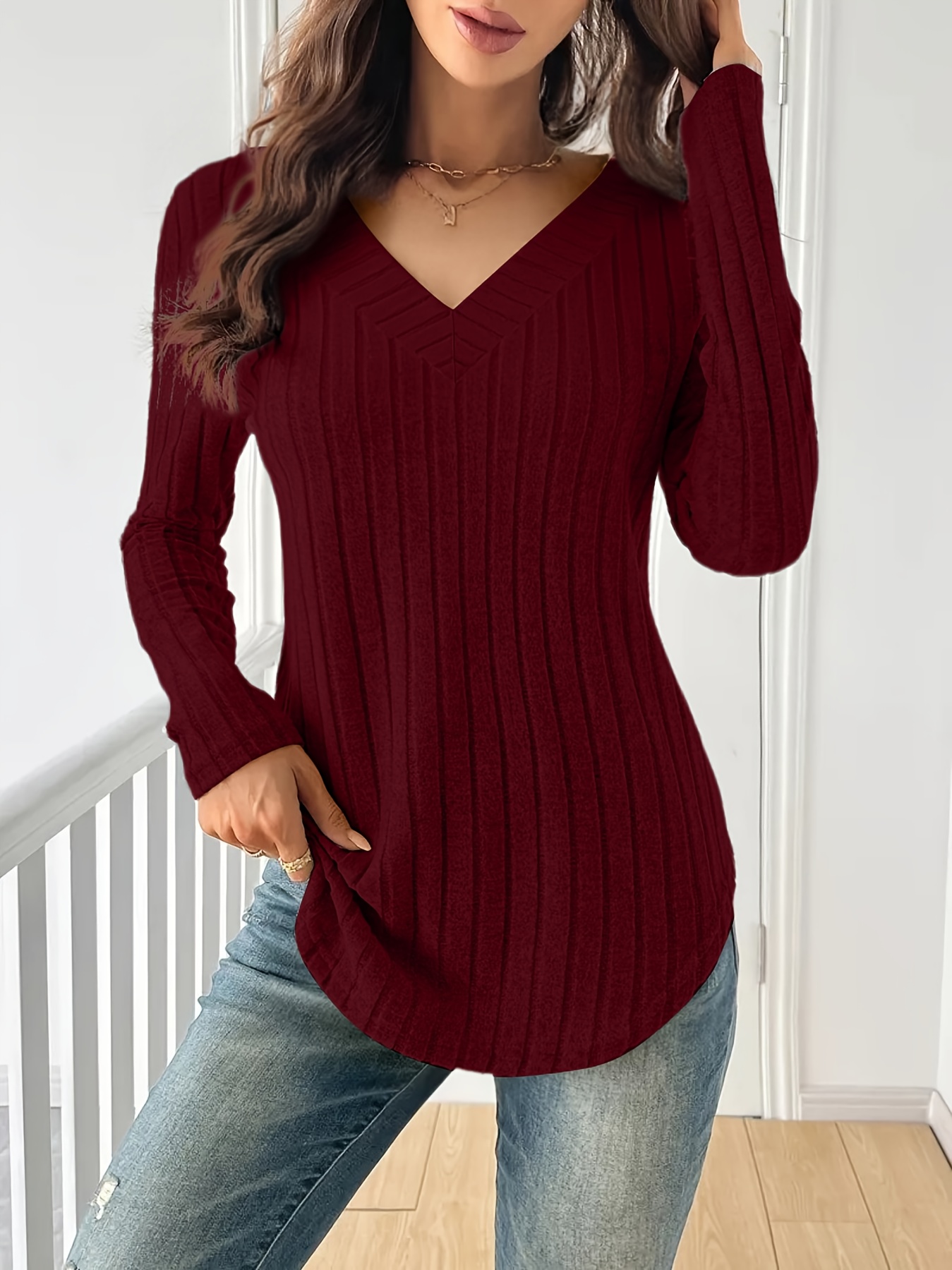 womens spliced v neck ribbed t shirt soft lightweight stretch fabric casual long sleeve solid color t shirt machine washable suitable for spring autumn and winter