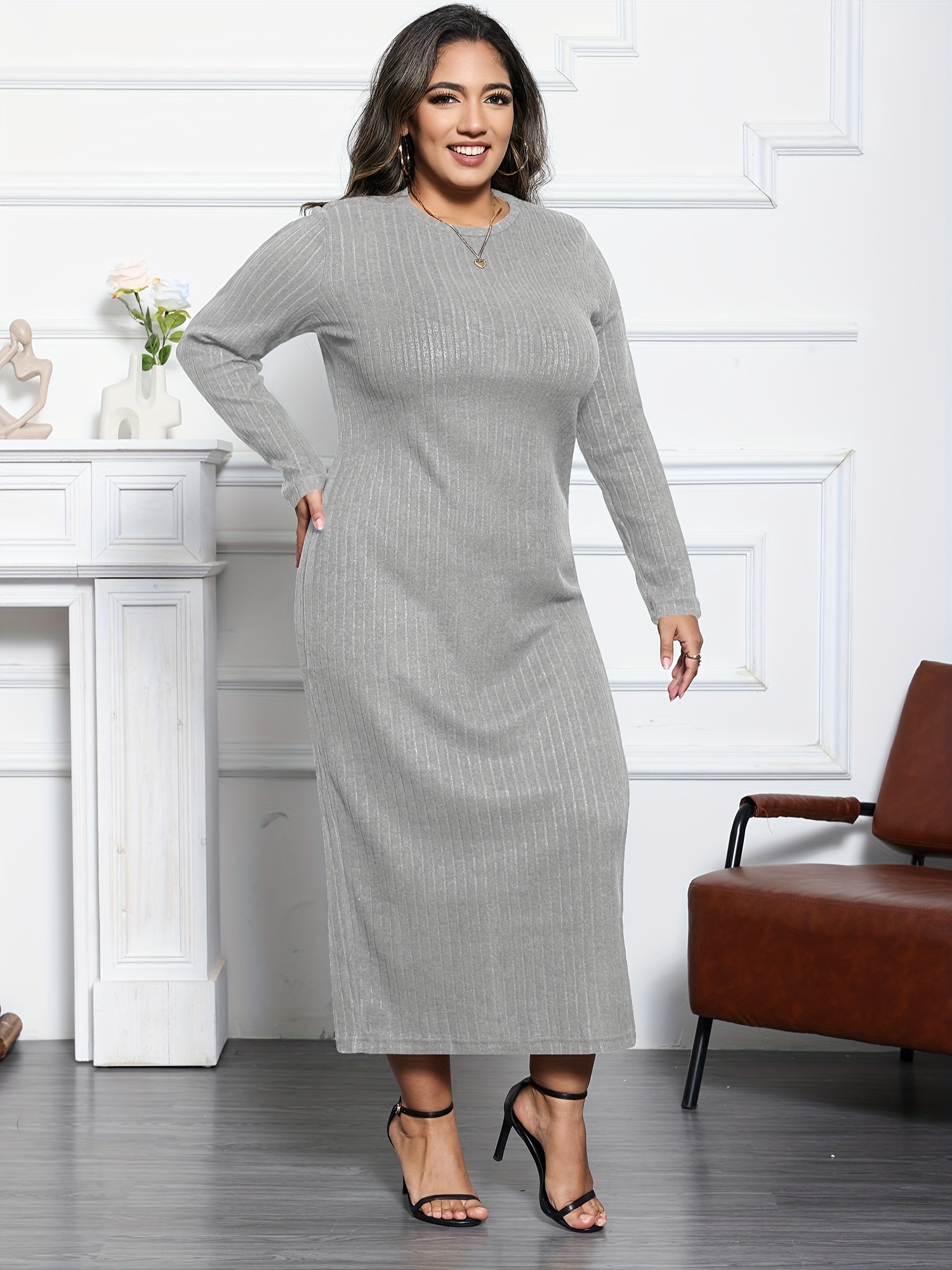 Plus Size Casual Dress Women's Plus Solid Ribbed Long Sleeve - Temu