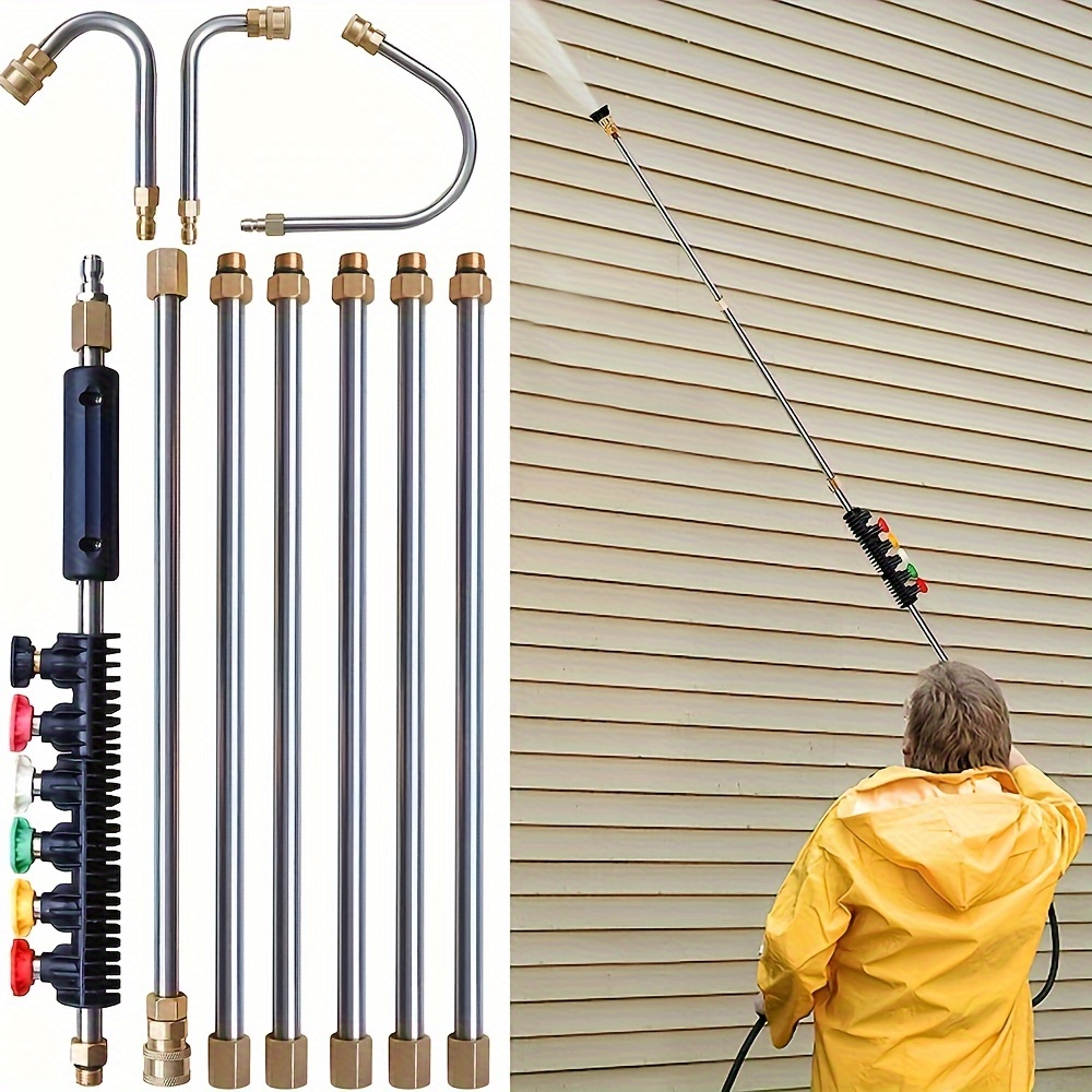 

10pcs/set, Stainless Steel High Pressure Washer Extension Wand Set With 6 Nozzle Tips, 4000 Psi Power Lance For Gutter, Roof, Drainage, And Exterior Wall Cleaning, Includes 2 Curved Rods