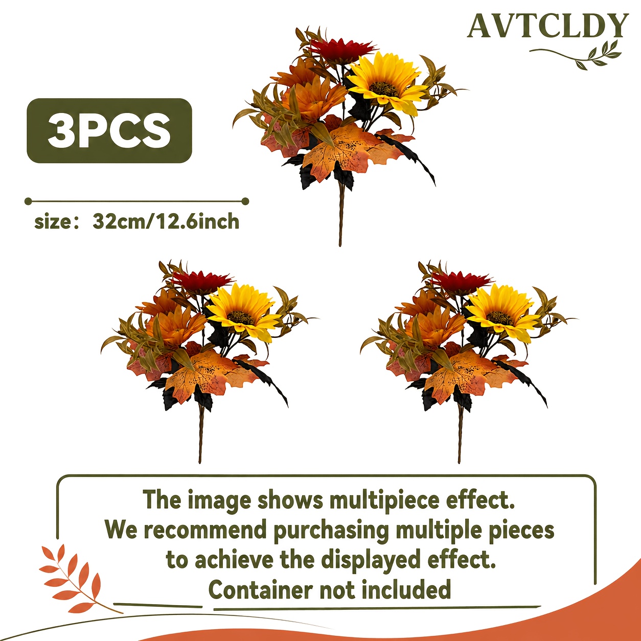 TEMU 3pcs Autumn Faux Sunflower Artificial Flowers, Halloween Thanksgiving Pumpkin Season Decor Bouquet, Orange Red Yellow Maple Leaf Mixed Floral