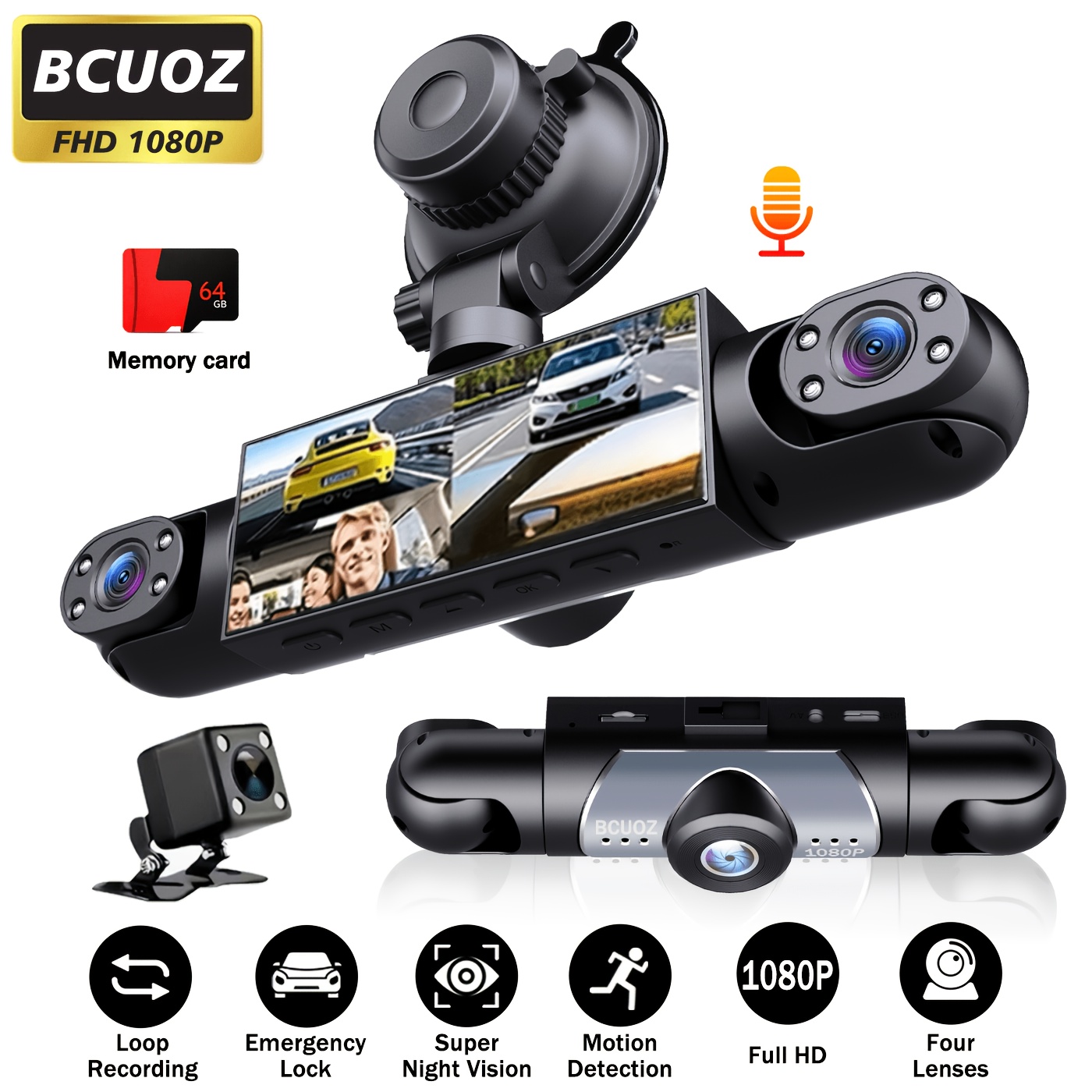 Bcuoz 4 Lens 360° Dash Cam 1080p Front 720p Interior Side Rear Cam, 3.16 Inch 4-, Vision, 24h Parking Monitor, , Loop Recording, Optional No Card/64gb Memory Card
