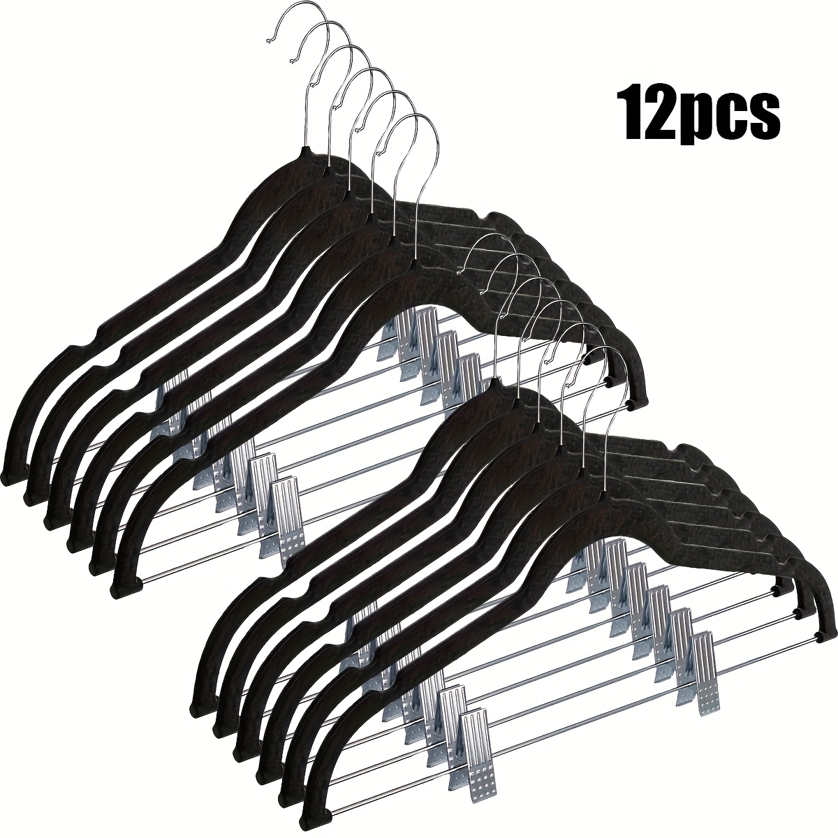 Image of 12pcs Black Flocking Jacket Rack, Adjustable Clip, Space Heavy Duty Pants Rack, Pants, Skirt Non-slip Jacket Rack Christmas, Christmas Gifts