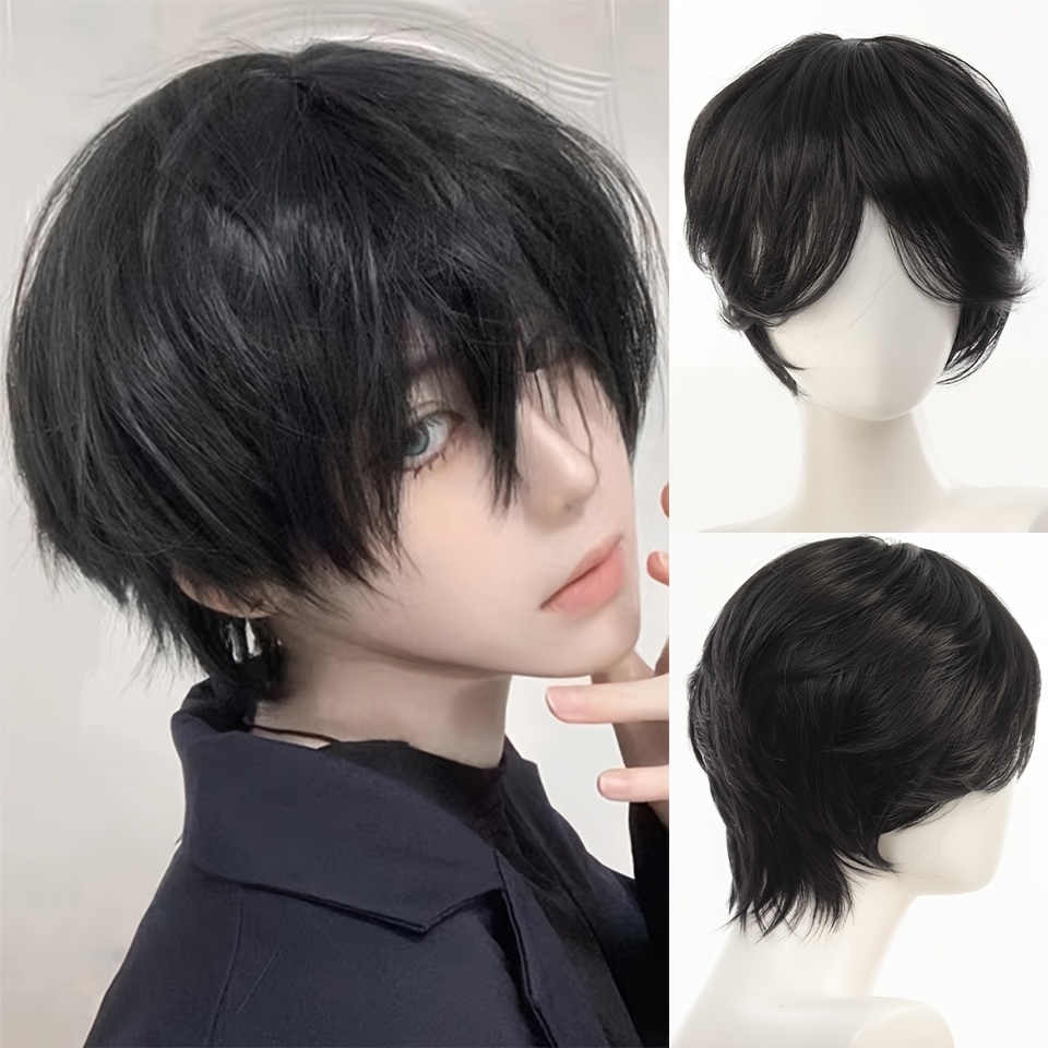 TEMU Perruque Cosplay Noire Courte pour Homme, Style Anime , Fibre Résistante à la Chaleur, Couvre-Cheveux Complet pour et