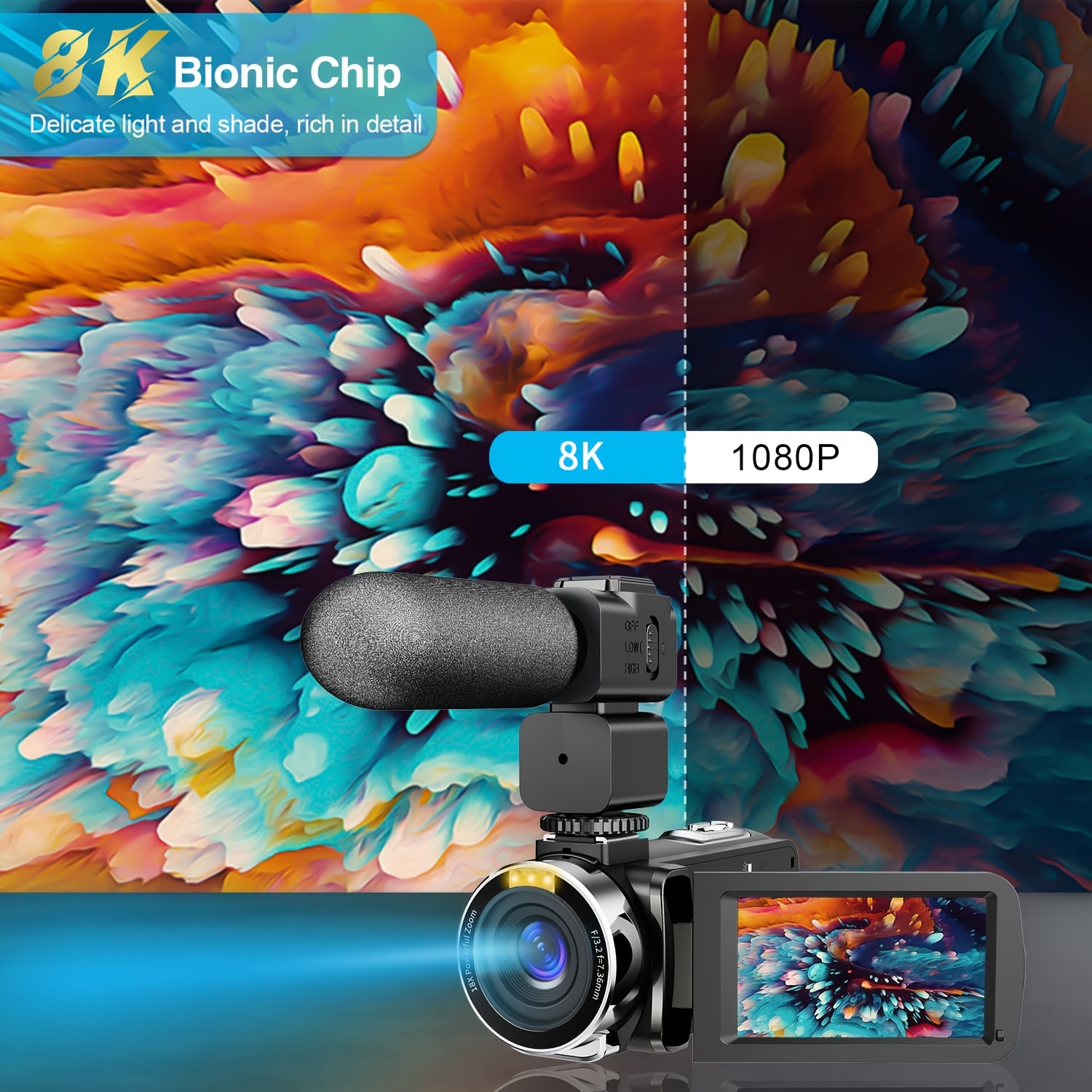 מצלמת וולג אורלייף ברזולוציה של 8k ultra hd עם ראיית לילה אינפרא-אדומה, , זום 18x, מסך מגע, אוטומטי, מיקרופון מובנה, של פרטים 3