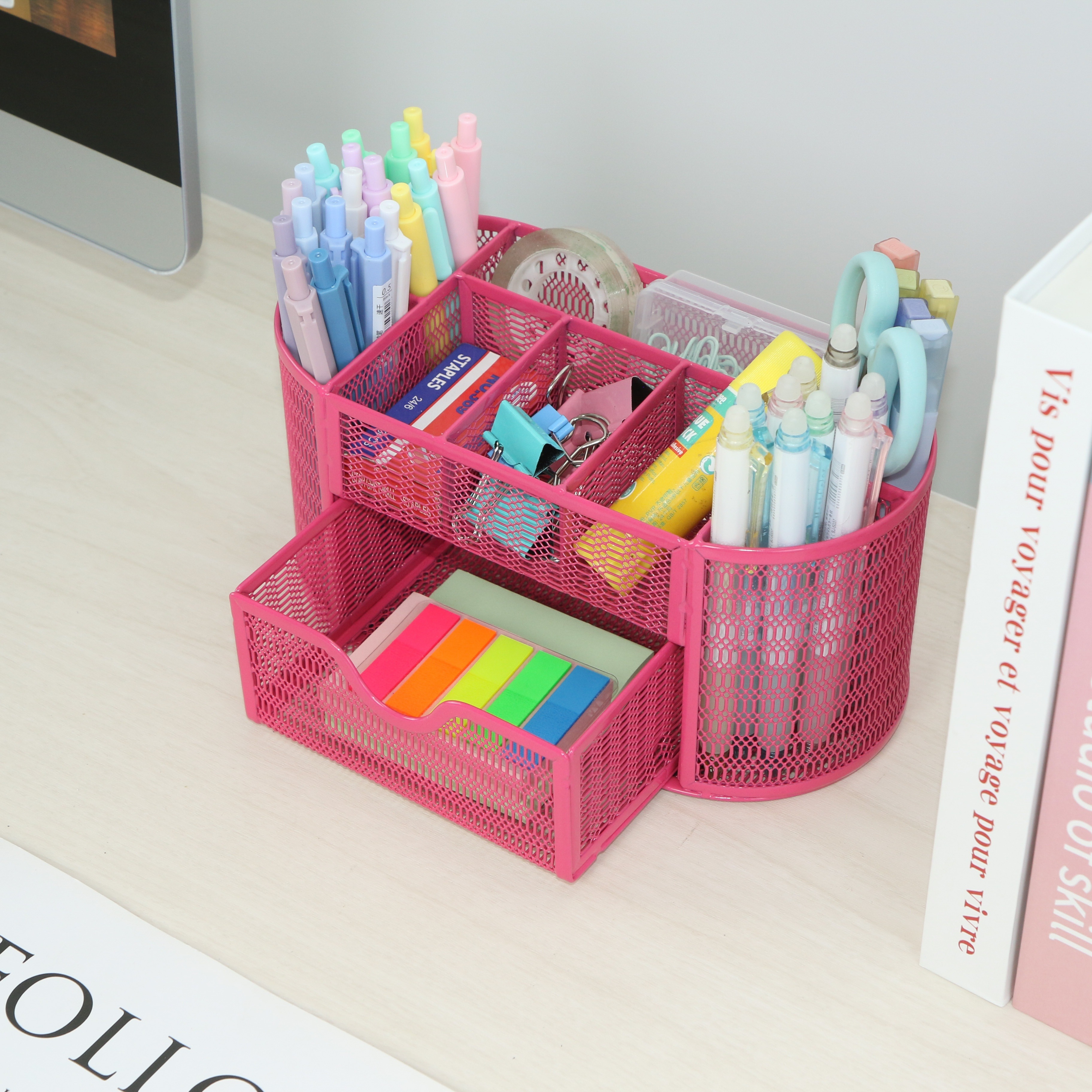 

Elegant 9-compartment Desk Organizer With Drawer, Pink And Silver, Powder Coated, Lightweight, Rust Resistant, Iron Construction