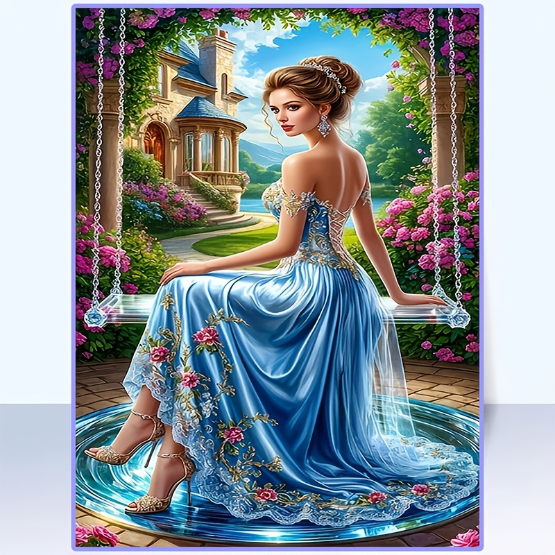 TEMU Kit de peinture diamant cadre pour adulte, 1 pièce, thème « Femme en robe bleue sur une balançoire », peinture par numéros à incrustation de