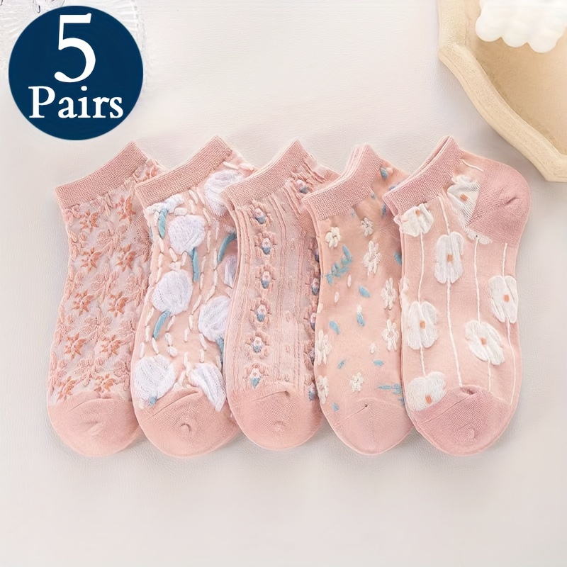 TEMU 5 Pairs Pink Floral Pattern Socks, Kawaii Harajuku Style Low Cut Ankle Socks, Women's Stockings & Hosiery