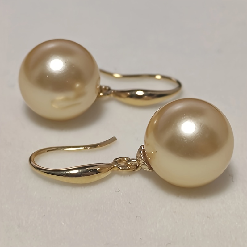 

Vintage Style Plated Champagne Shell Pearl Earrings 12mm Round High Luster Flawless Dangle For Women, Elegant Luxury Hook Ear Drop Fashion Jewelry For Daily Wear