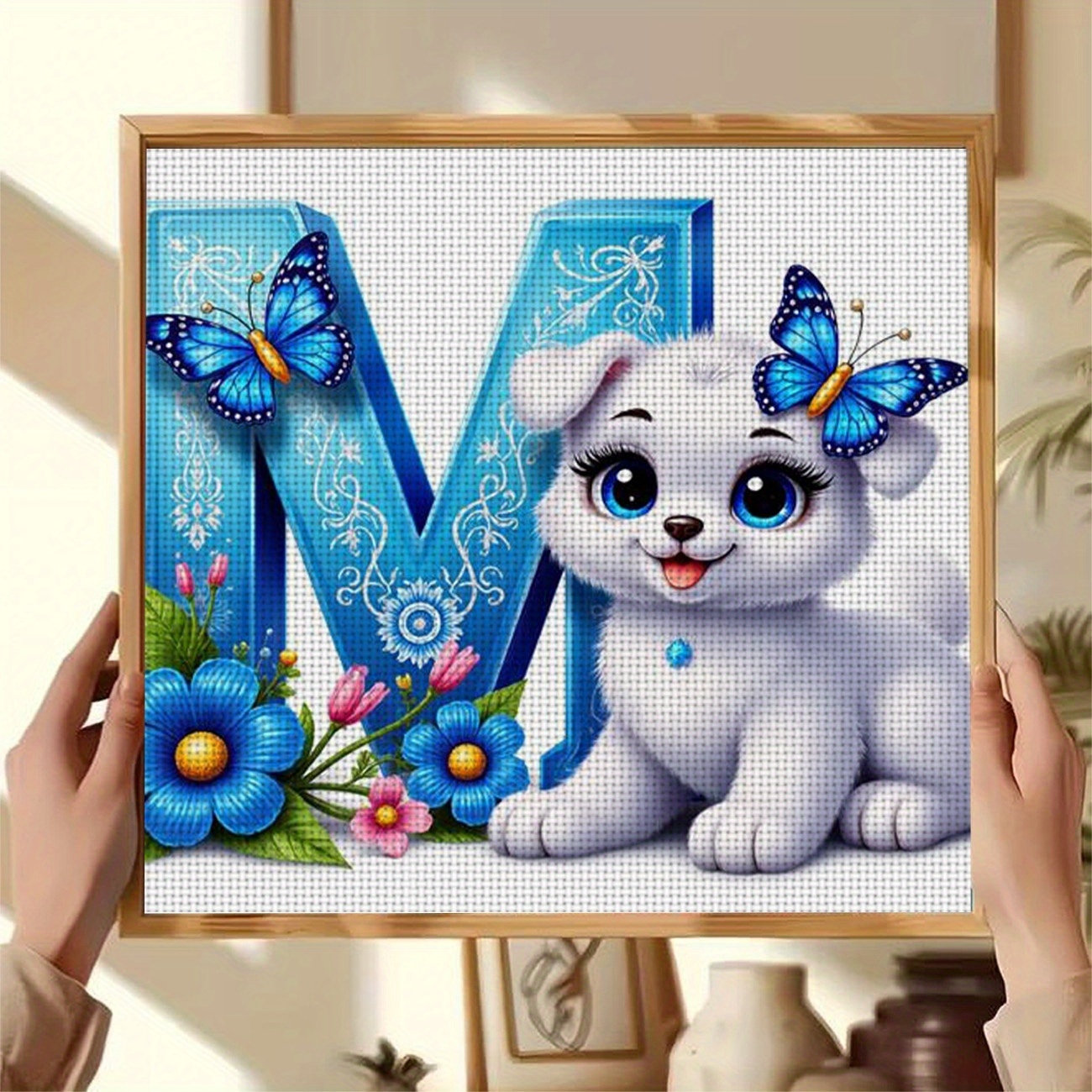 Printed DIY Cross Stitch Kit, Frameless, White Puppy with Butterflies Pattern