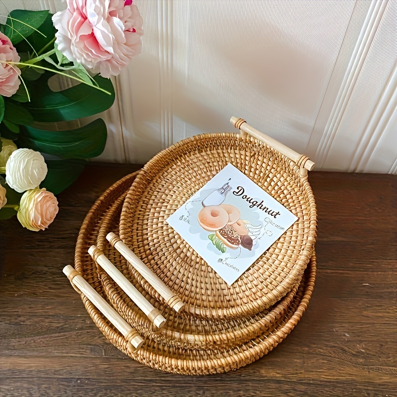 rustic chic   rattan fruit basket   storage container with sturdy handles for kitchen dining room and tabletop japanese inspired bread and   bun serving tray with natural woven design details 3