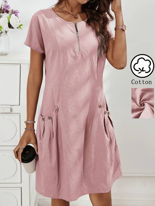 womens zipper half button detail double pocket summer casual dress