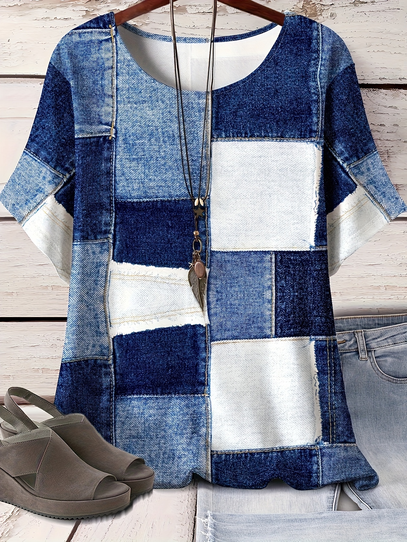Plus Size Patchwork Print T-Shirt Casual Crew Neck Short Sleeve T-Shirt Women's Plus Sizeclothing