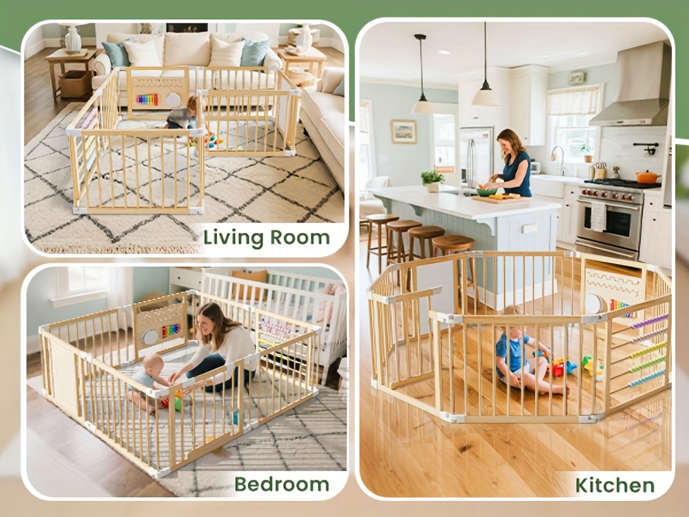 SLSY Foldable Wooden Baby Playpen Activity Center, Adjustable Size & Shape Portable Large Play Yard for Babies And Toddlers, Baby Fence Play Area Wood Gate 63