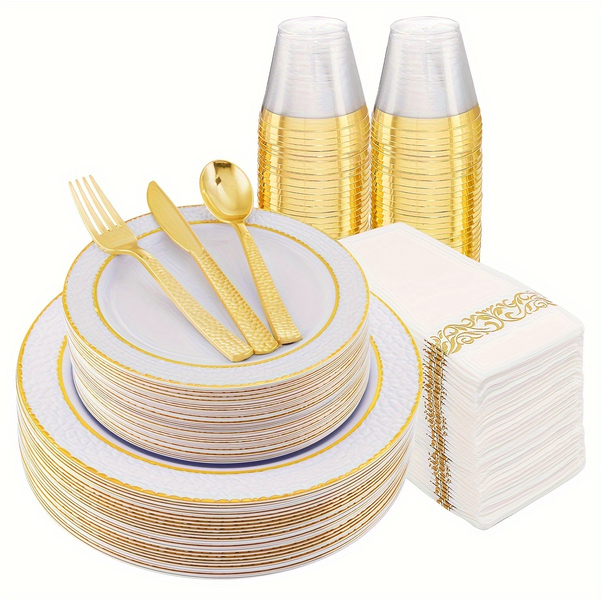 

175pcs Gold Plastic Plates & White And Gold Plastic Dinnerware-include 50plates, 25knives, 25spoons, 25forks, 25cups, 25napkins - Disposable Plates Ideal For Wedding, Easter Party