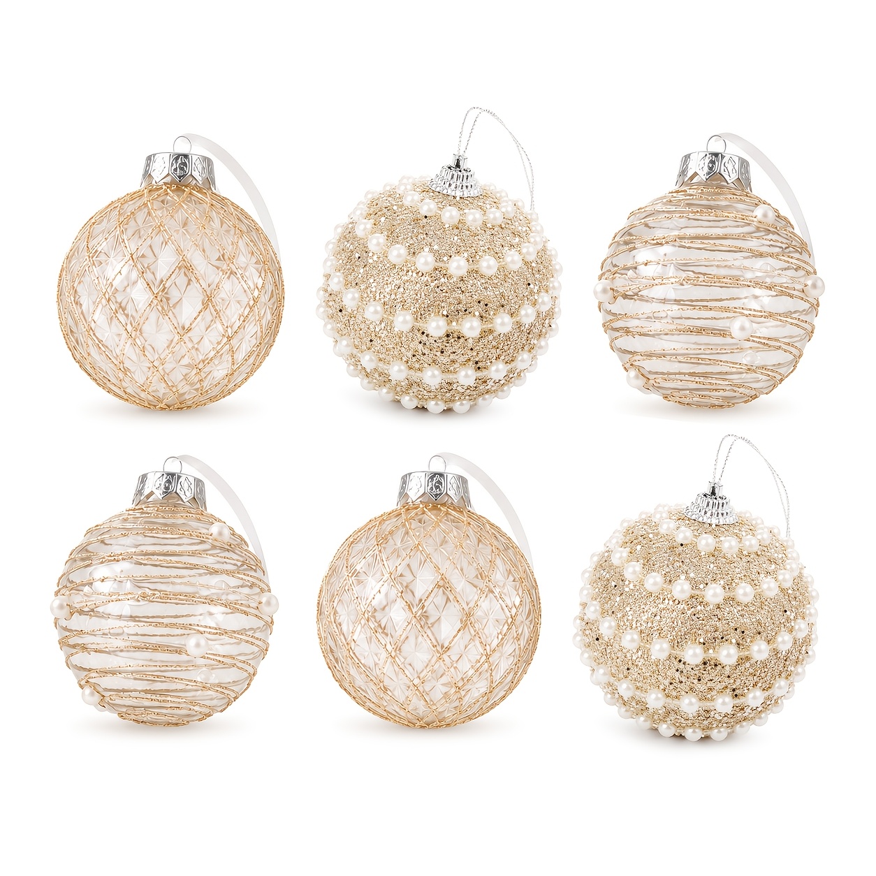 TEMU 6pcs Golden & Clear Modern Christmas Ball Ornaments With 3 Styles Pearl Beaded Textured Spheres - Suitable For Tree, Wedding, Fireplace Decor,