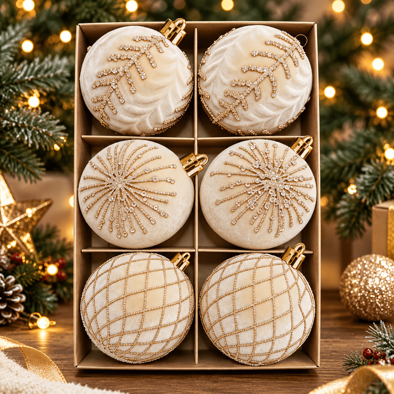TEMU Ball Ornaments Christmas Velvet Hanging Balls 6pcs -white Champagne Leaf Grid Firework Pattern Gift Box Packaging Christmas Tree Light Luxury
