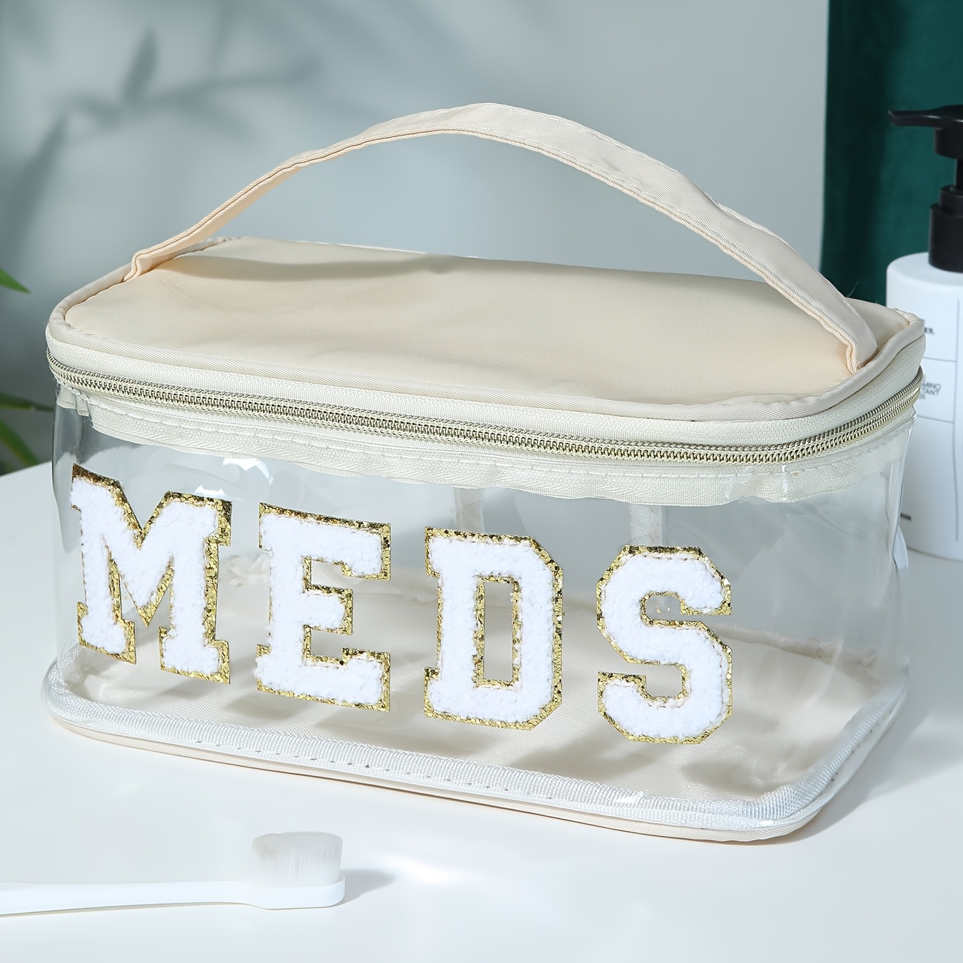 TEMU Fashion Sherpa Letter Toiletry Bag, Meds Makeup Bag - Transparent Travel Medicine Pouch With Handle, Nylon Zippered Toiletry Bag, Suitable For