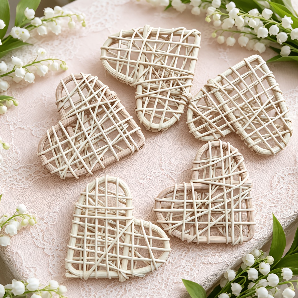 Image of 5pcs Rattan Heart Decor, Farmhouse Boho Style Home & Door Hanging Ornaments, Ideal For Valentine's Day, Anniversaries, Wedding Party Decorations And Holiday Gifts.