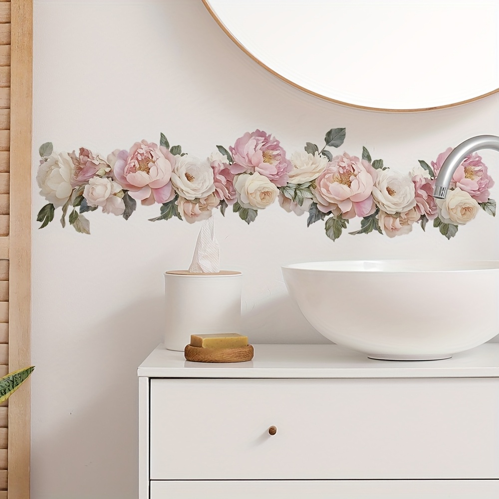 Image of Chic Wall Decal Featuring A White And Pink Floral Border - A Gentle Vine Peel-and-stick Vinyl For Decorating Bedrooms, Living Rooms, And Kitchens, Measuring 24*90cm Or 9.5*35.4 Inches