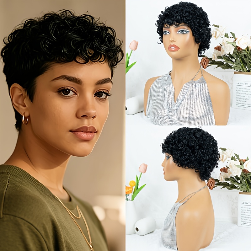 TEMU Perruque USEXY pour femme en cheveux humains brésiliens adaptés à toutes les carnations - Coupe noir naturel avec frange, 150 %, perruque courte
