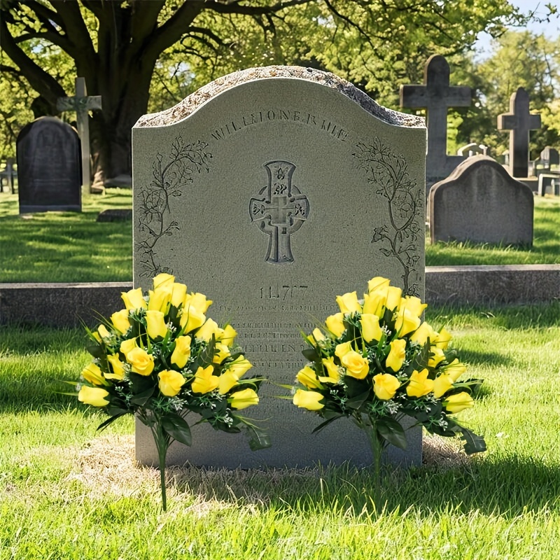 

2pcs Vibrant Yellow Artificial Cemetery Roses - 24 , & Fade-resistant Outdoor Grave Decor