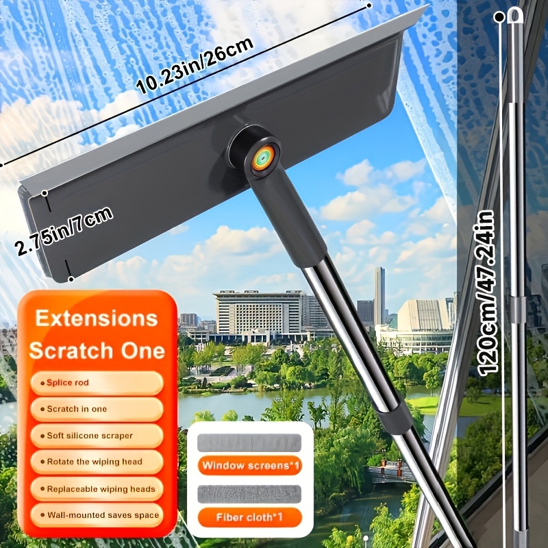 2-in-1 Glass Cleaning Wipe With 2 Fiber Cleaning Cloths And A Screen Cloth, Extended Telescopic Pole, 1 Wipe For 2 Purposes, , Scrape On , Valentine's Day Gift!