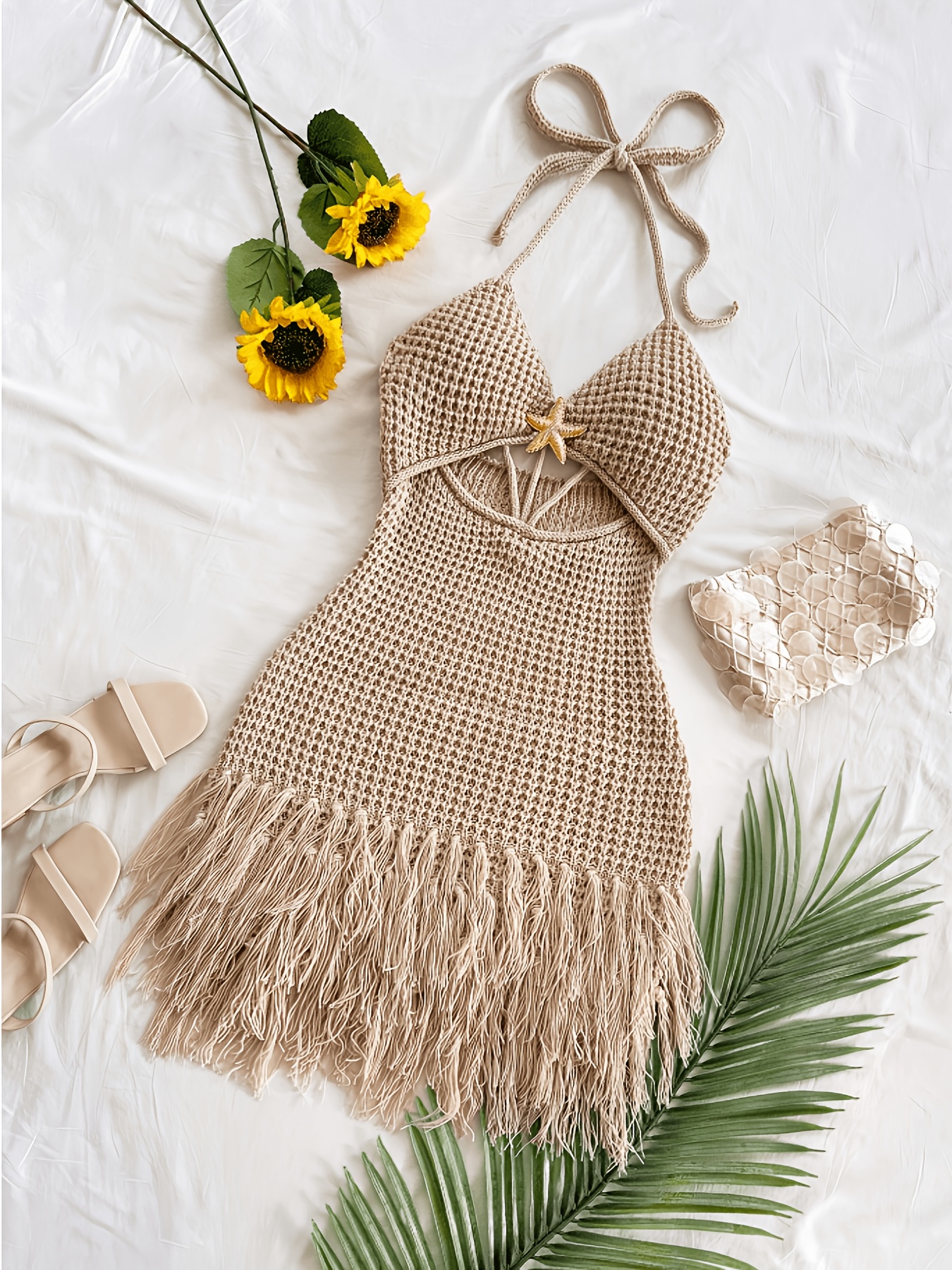 womens seaside   italian inspired spaghetti strap v neck cut out metal   fringe dress