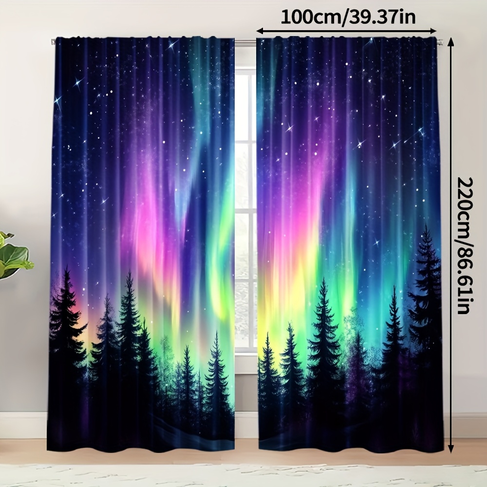 TEMU 2pcs Curtain Set, Northern Lights Design, Versatile Polyester Fabric (no Rod Included, No Motion, No Battery Required) â Features Thermal