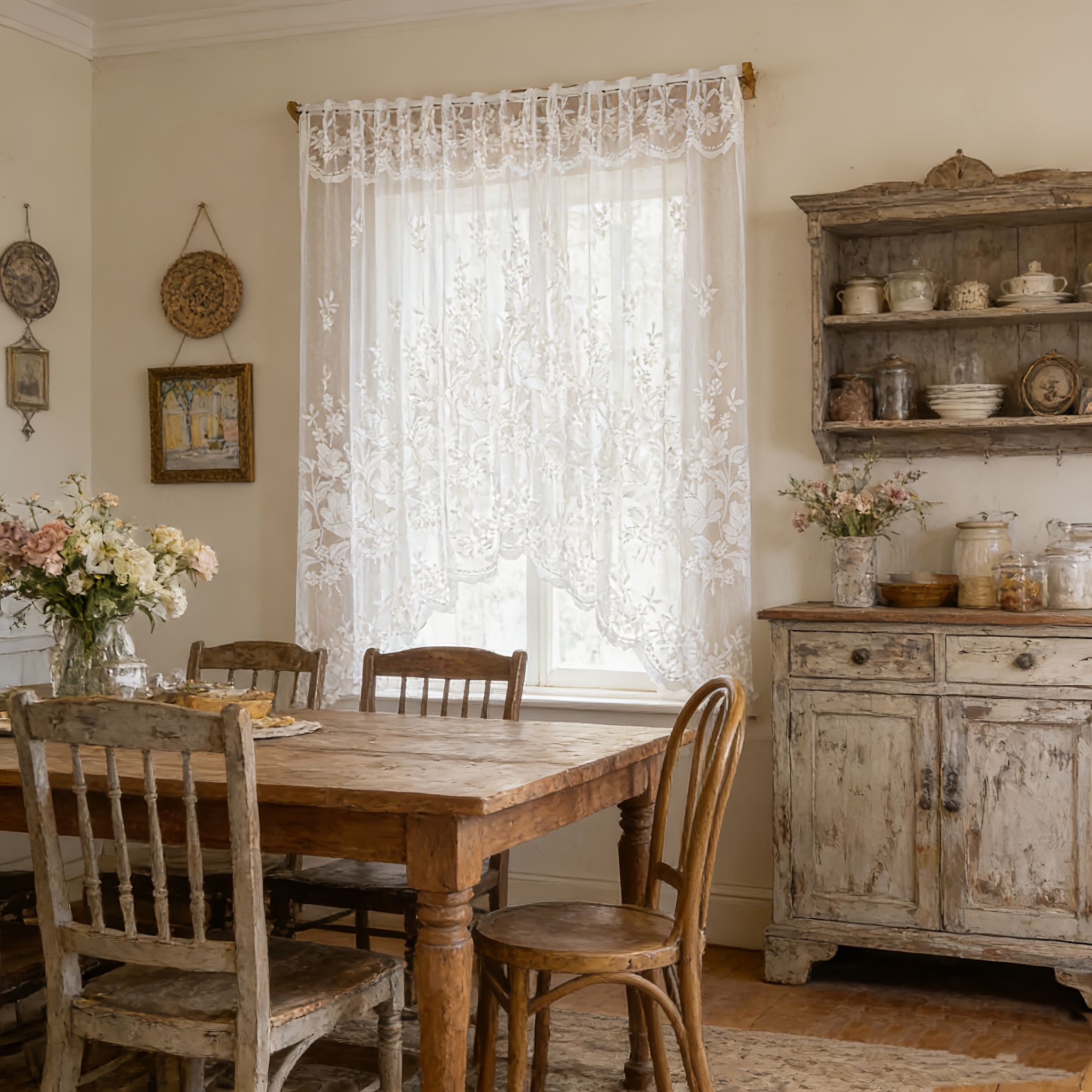 Image of Floral Lace Curtain, Elegant For Cafe, Kitchen, Living Room And Door Decor, Classic Decoration