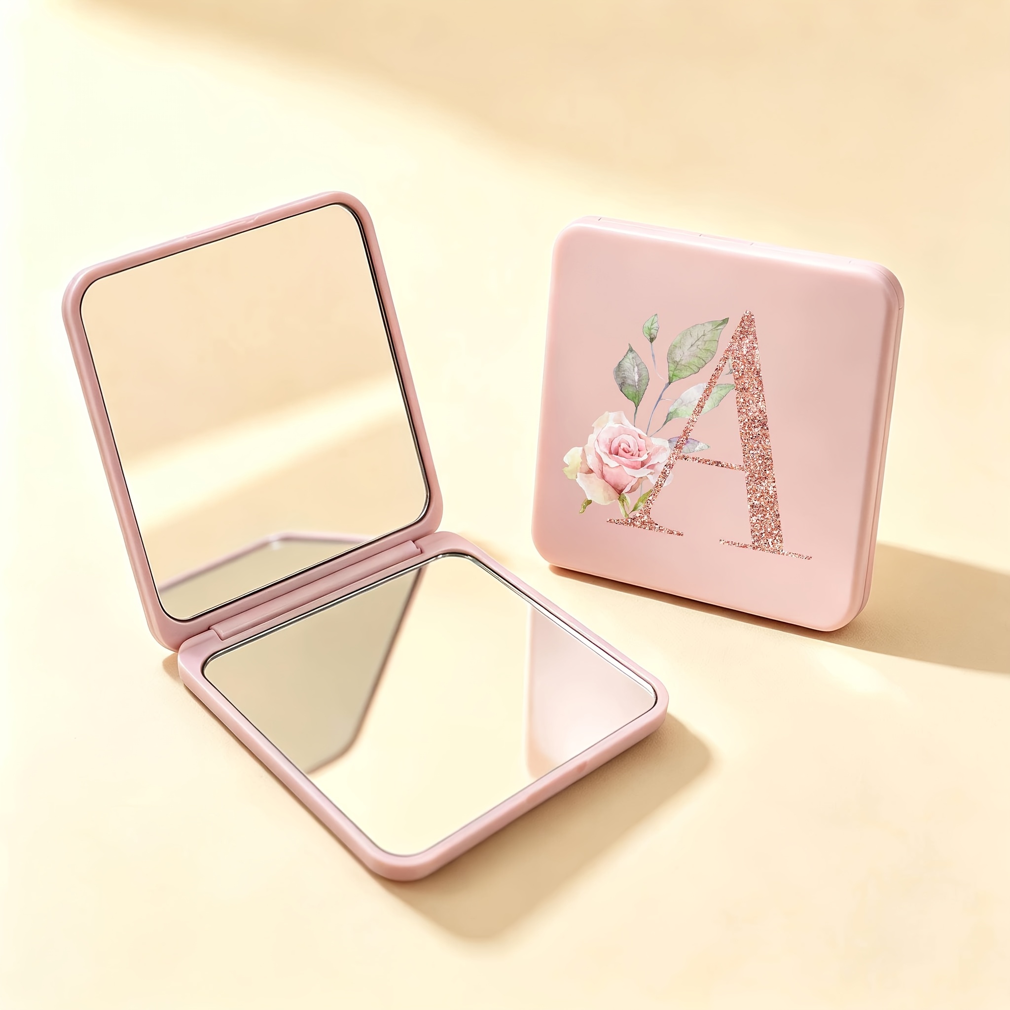 TEMU 1pc Initial Portable Square Makeup Mirror, Double-sided Square Makeup Mirror, Foldable Makeup Mirror For Women, 3 Colors Available: /pink,