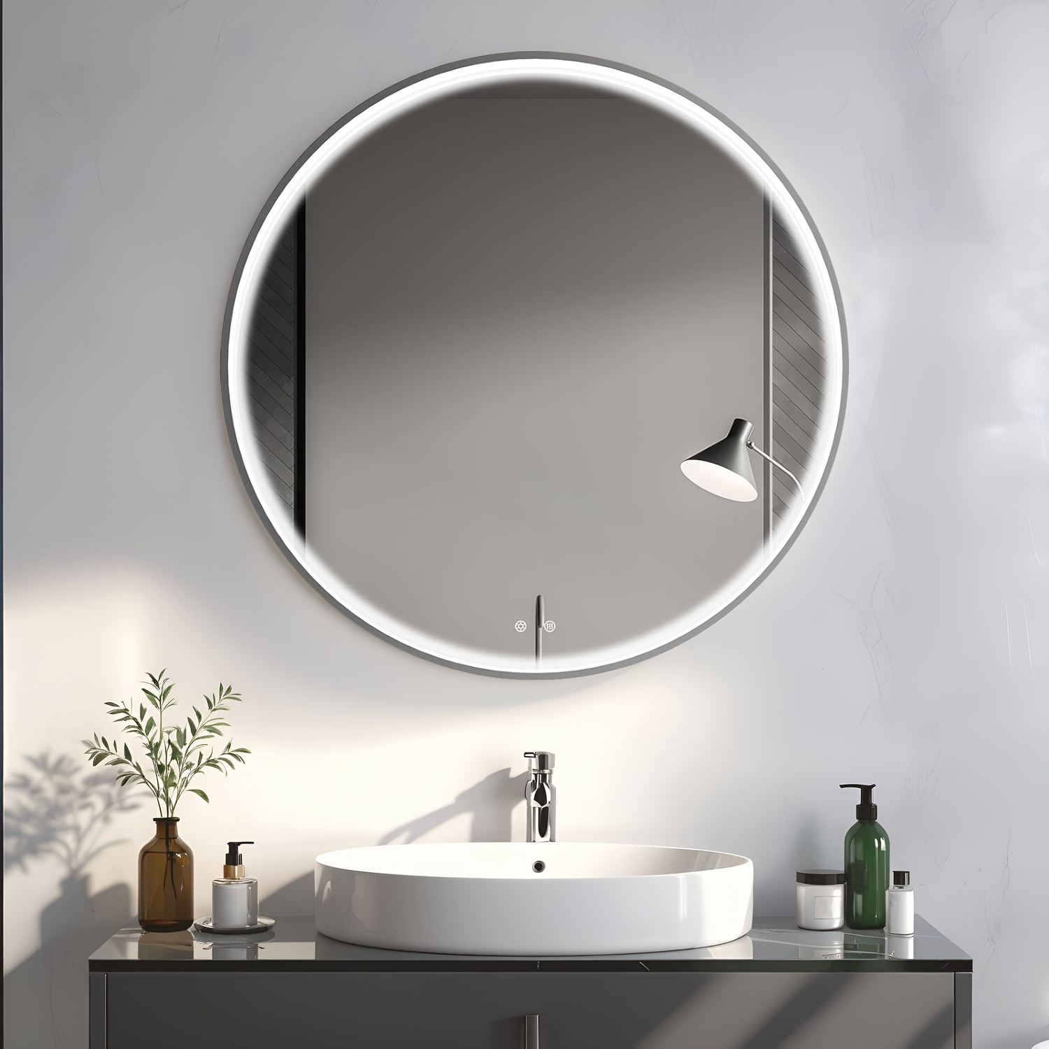 

de salle de bain rond avec éclairage, 80 cm, avec interrupteur tactile, bande lumineuse COB super améliorée, éclairage, 3 couleurs de lumière dimmables, 6500K