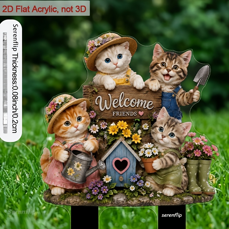 TEMU 2d Flat, [2d Flat] 1pc 2d Flat Acrylic Plant Stake With Sharp Base For Decor, Cute Kittens With A Welcome Sign For Decorating Flower Pots With