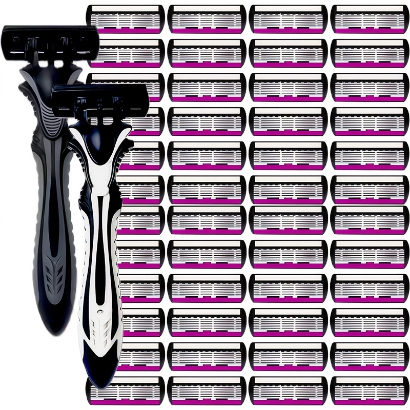 Six-layer Blade Head White And Black Handle Manual Shaving Razor Se, Pink And White Handle Equipped With 48 Stainless Steel Replacement Head