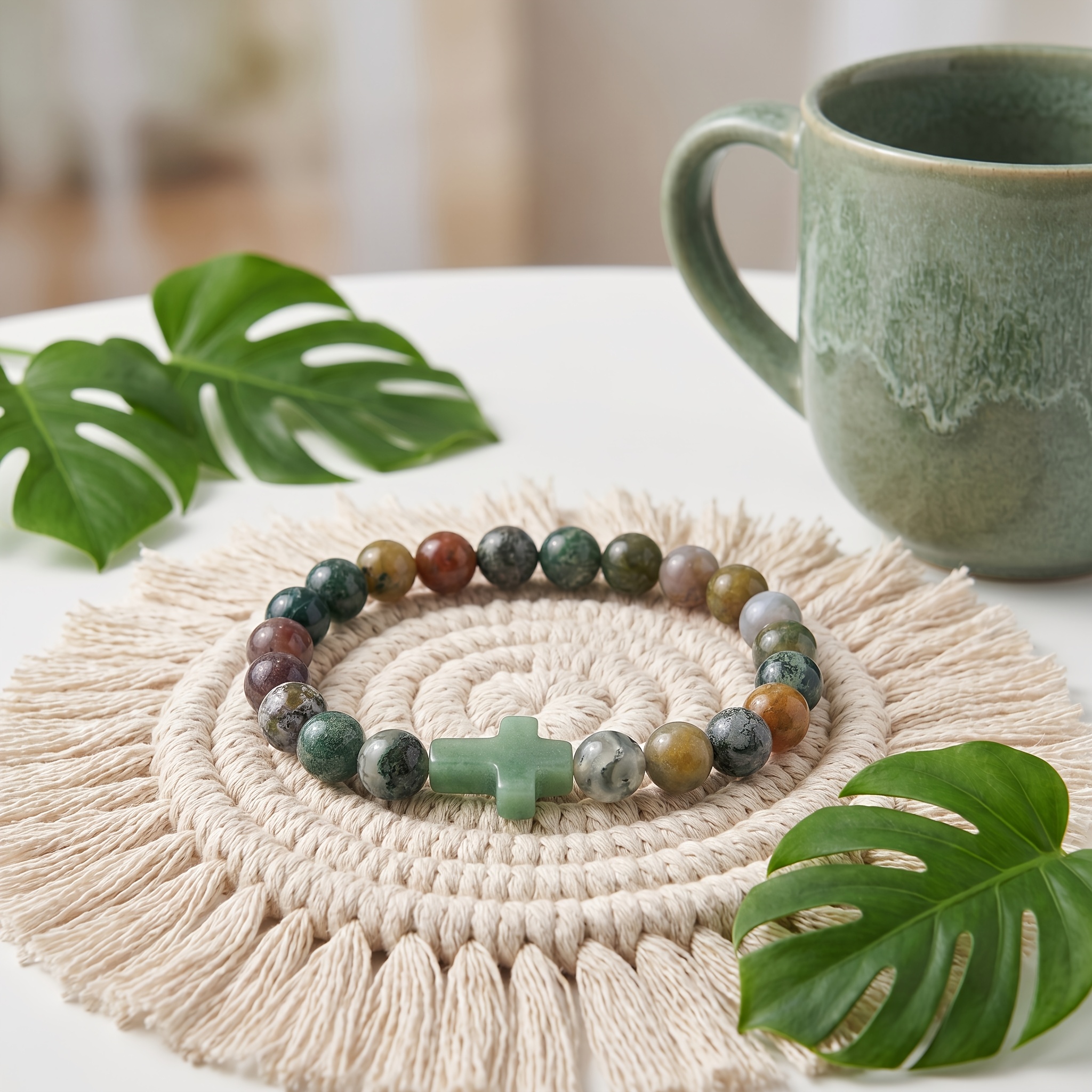 Minimalist Round Bead Bangle with Cross Pendant