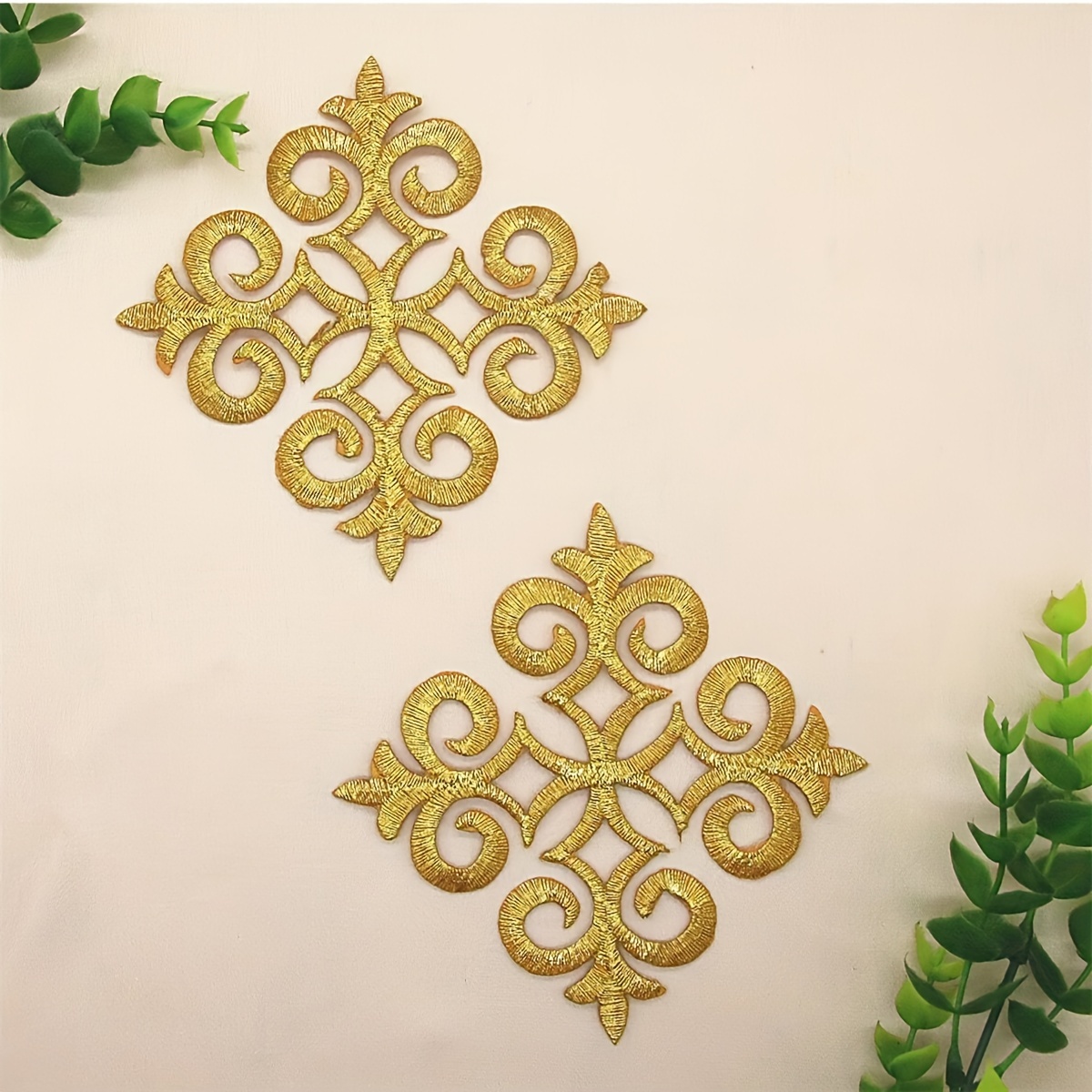 2pcs Golden Hollow Out Embroidery Applique Patch With Adhesive Backing For Clothing Decoration