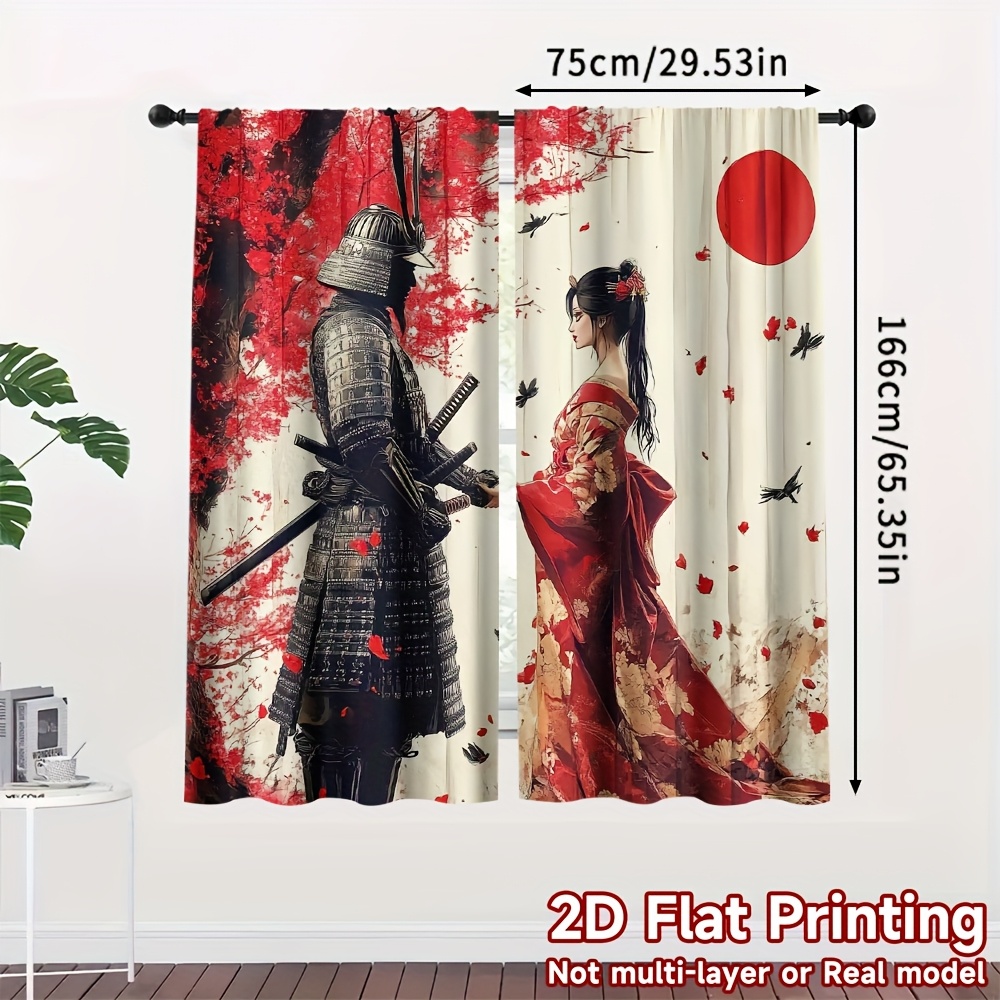 TEMU 2pcs, 2d Flat Printing Arts Theme Curtains, Japanese & Geisha Cherry , Polyester, For Living Room, Bedroom, Study, Dining Room - Perfect For ,